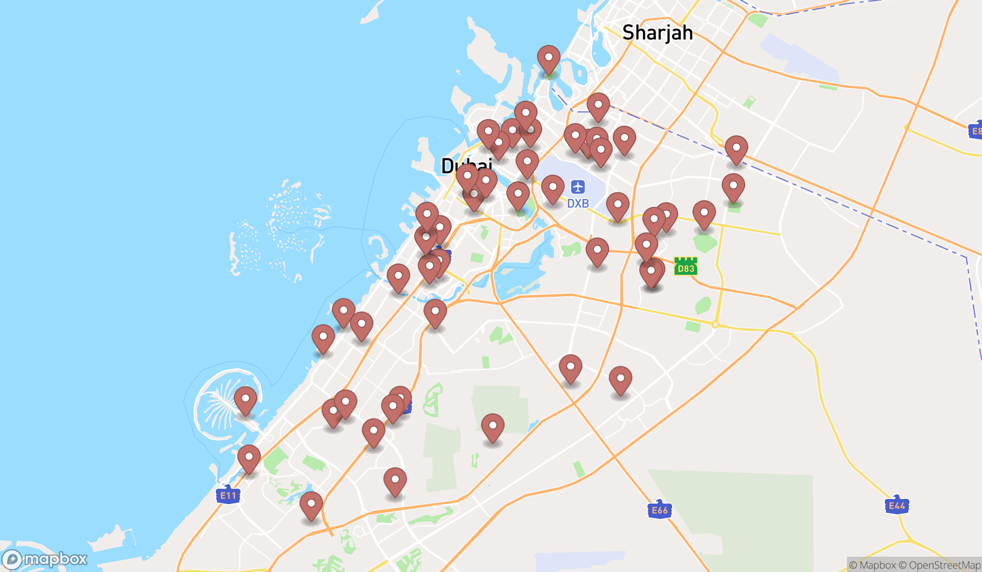 Map showing the search results in Dubai
