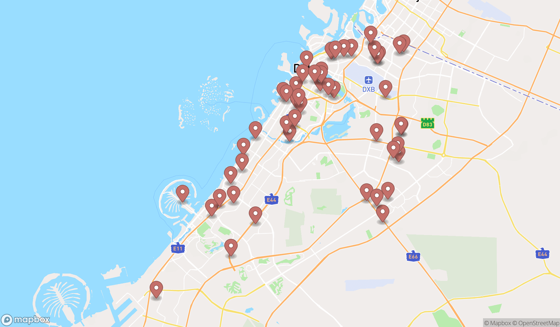 Map showing the search results in Dubai