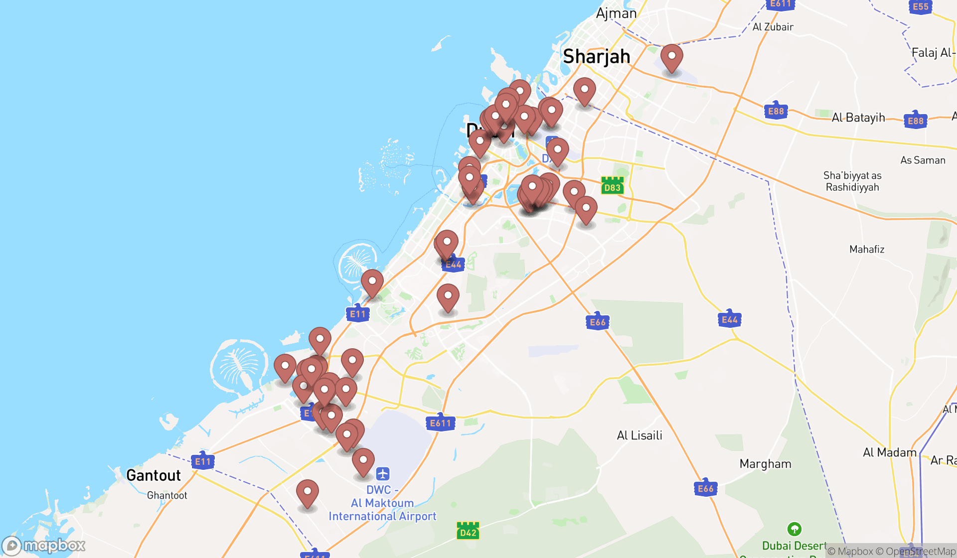 Map showing the search results in Dubai