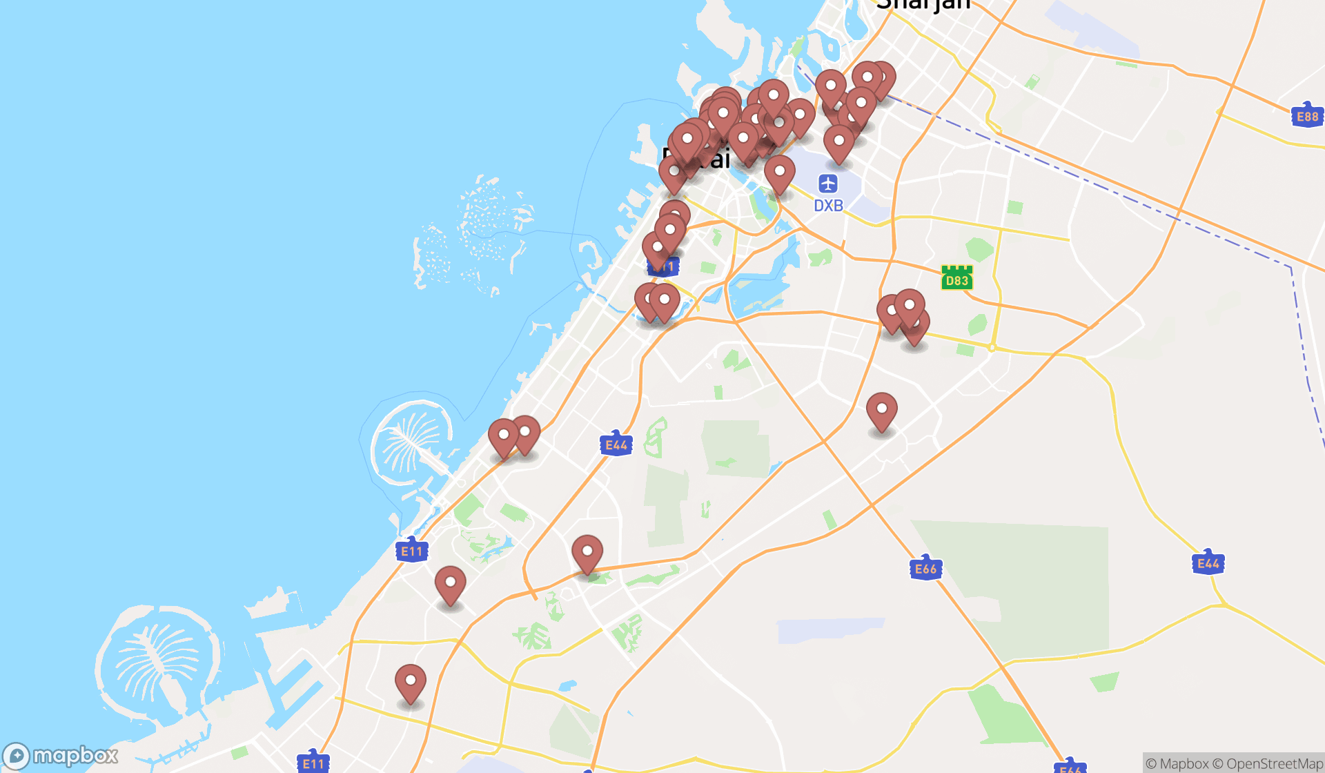 Map showing the search results in Dubai