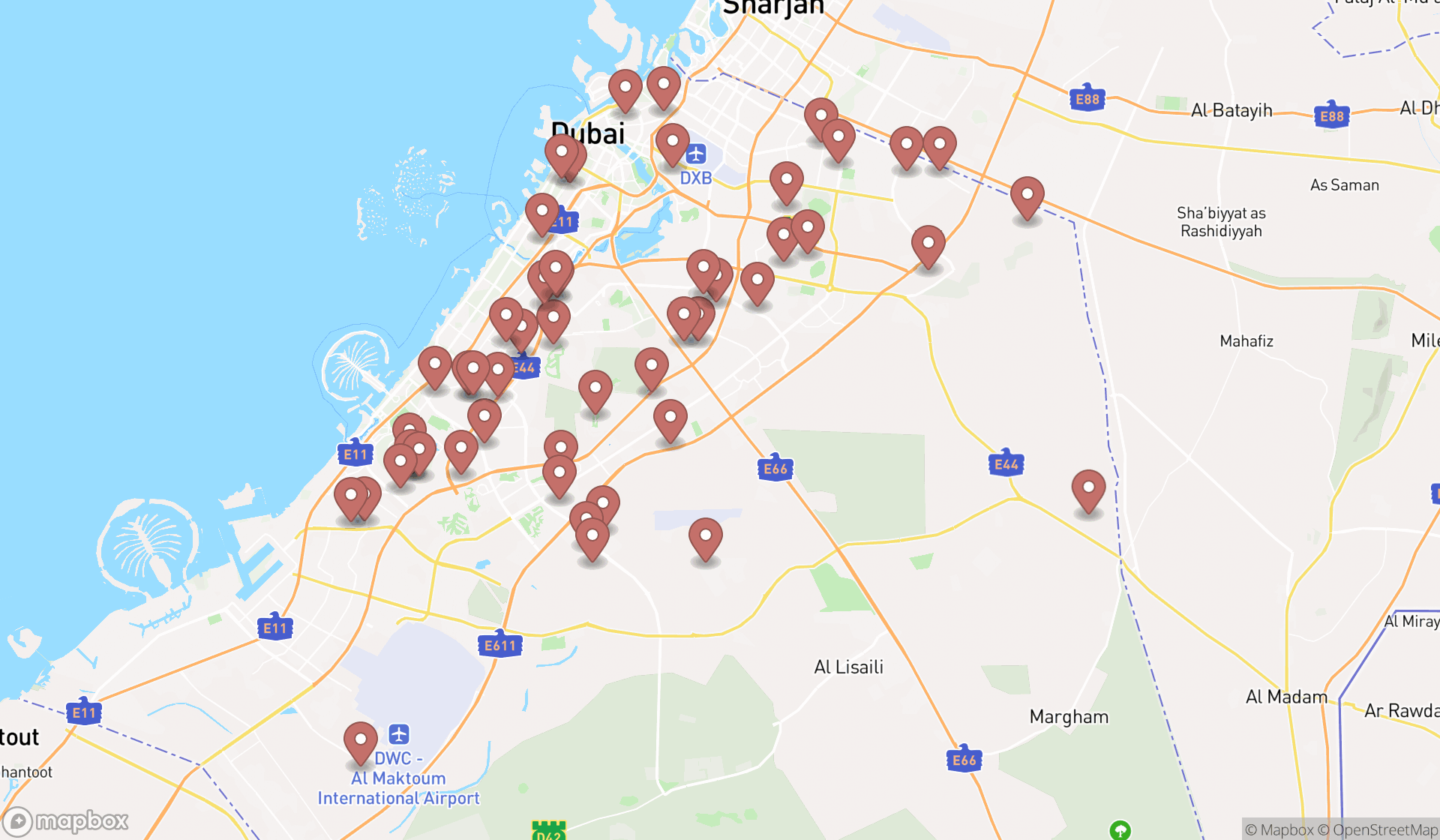 Map showing the search results in Dubai