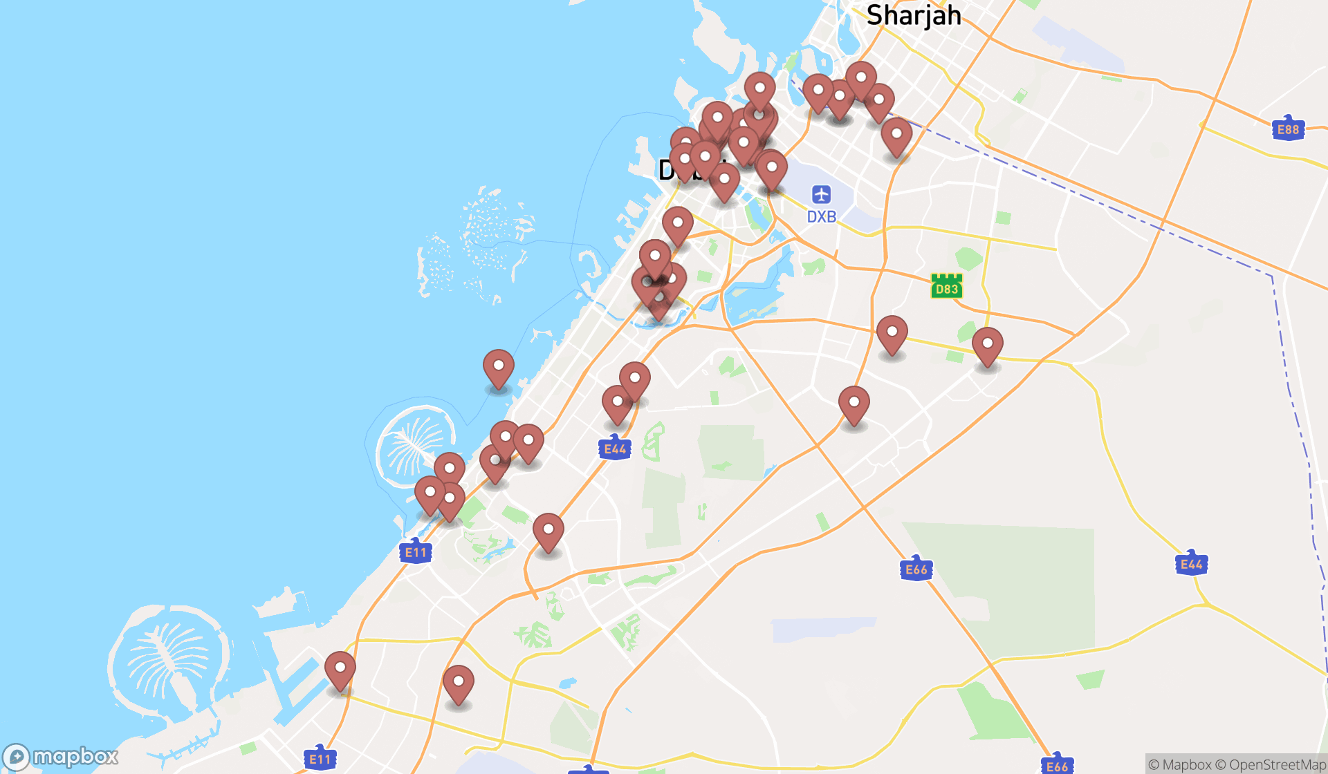 Map showing the search results in Dubai