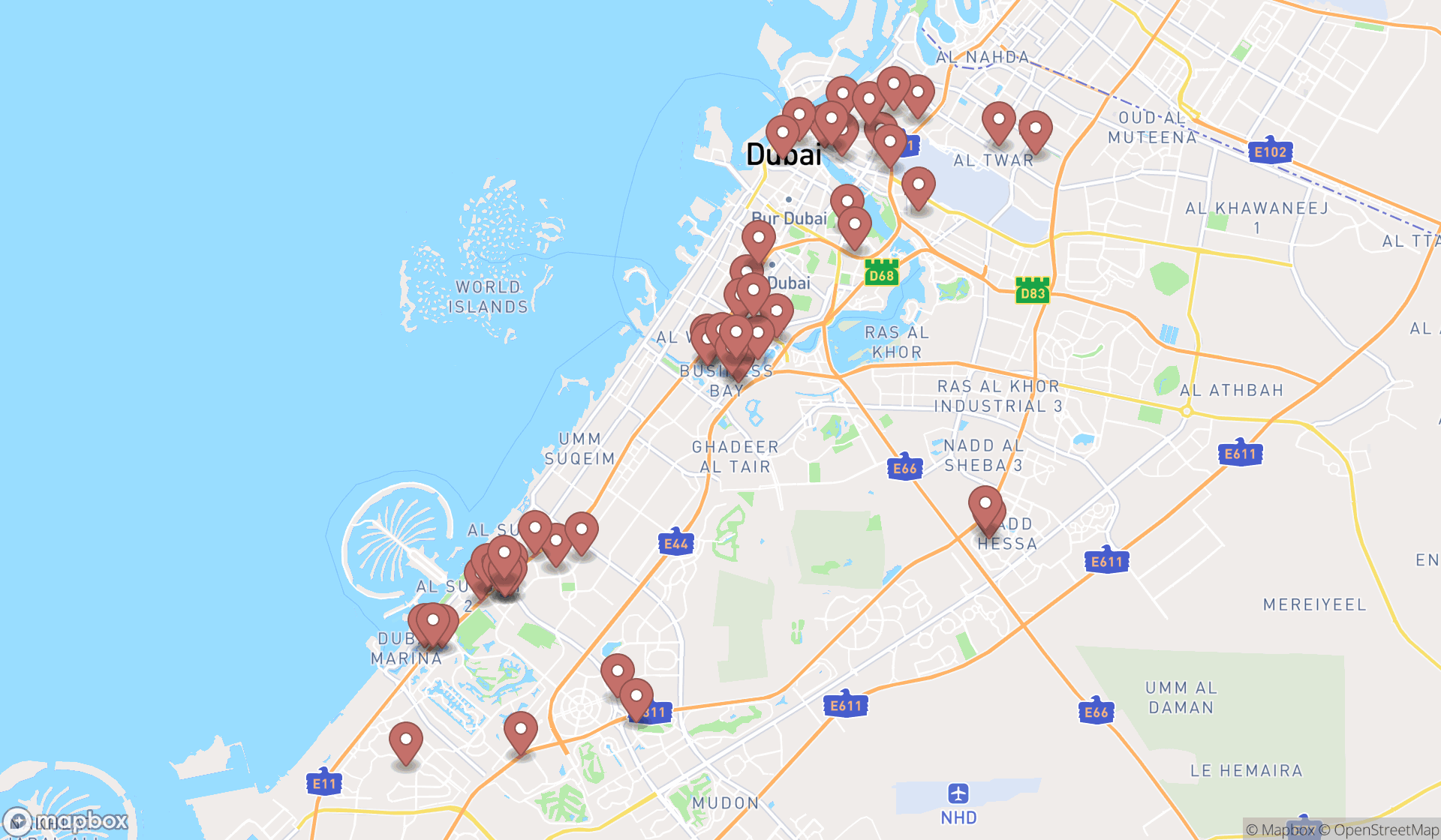Map showing the search results in Dubai