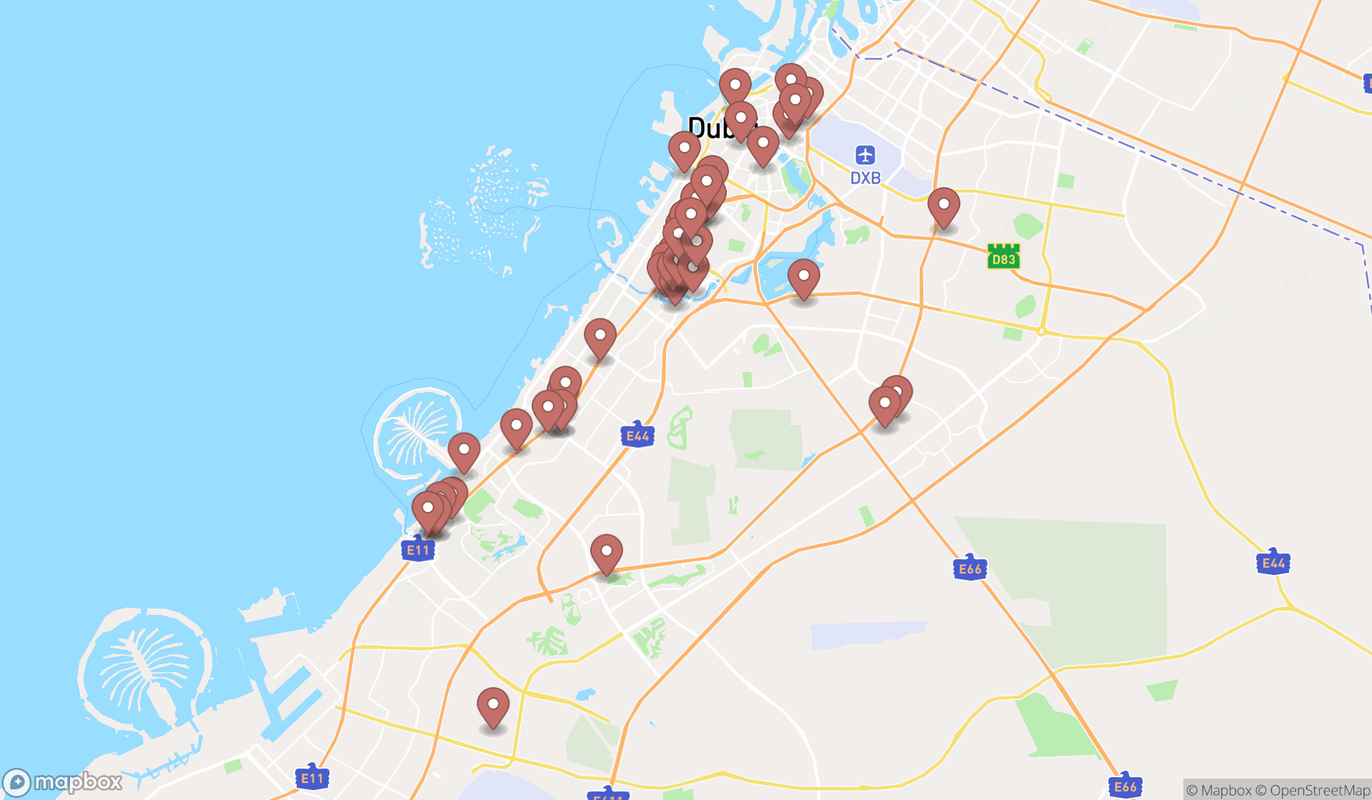 Map showing the search results in Dubai