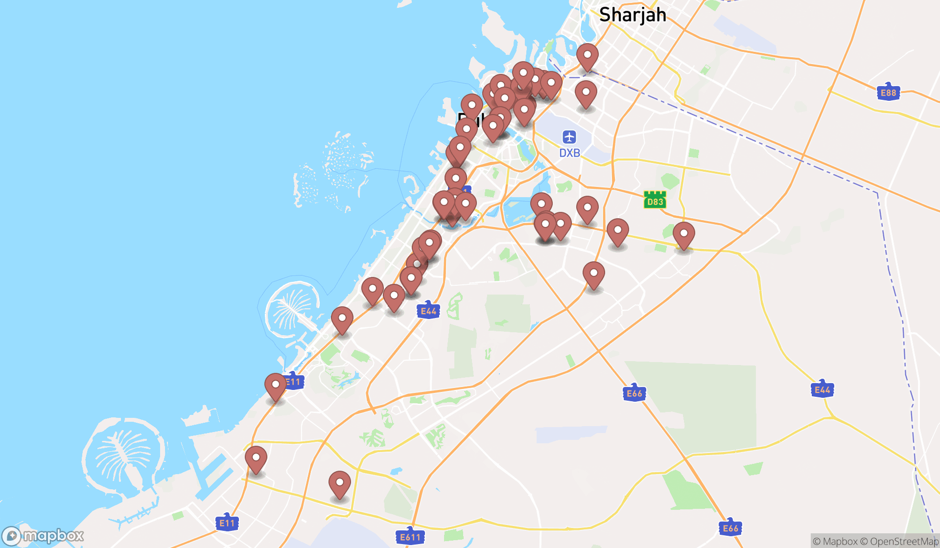 Map showing the search results in Dubai