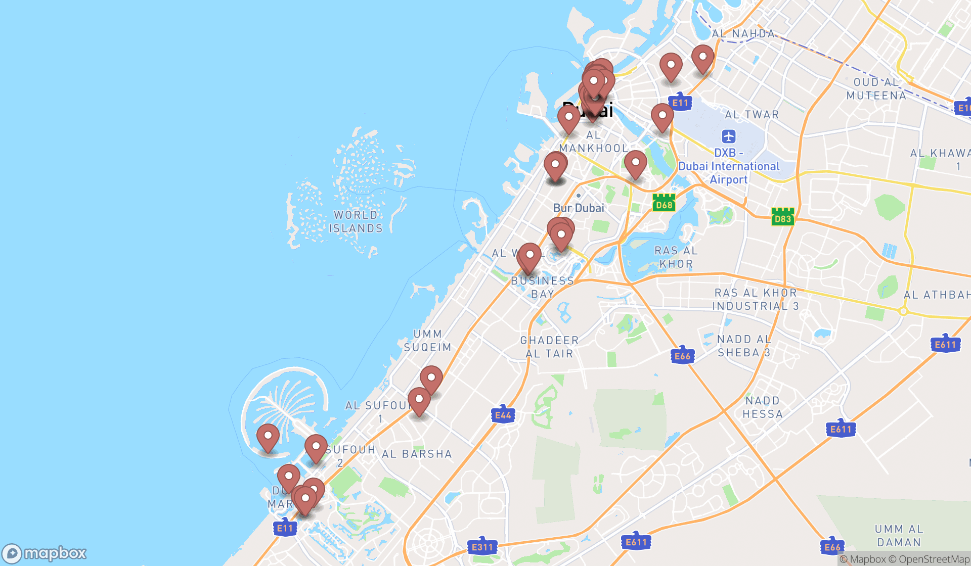 Map showing the search results in Dubai