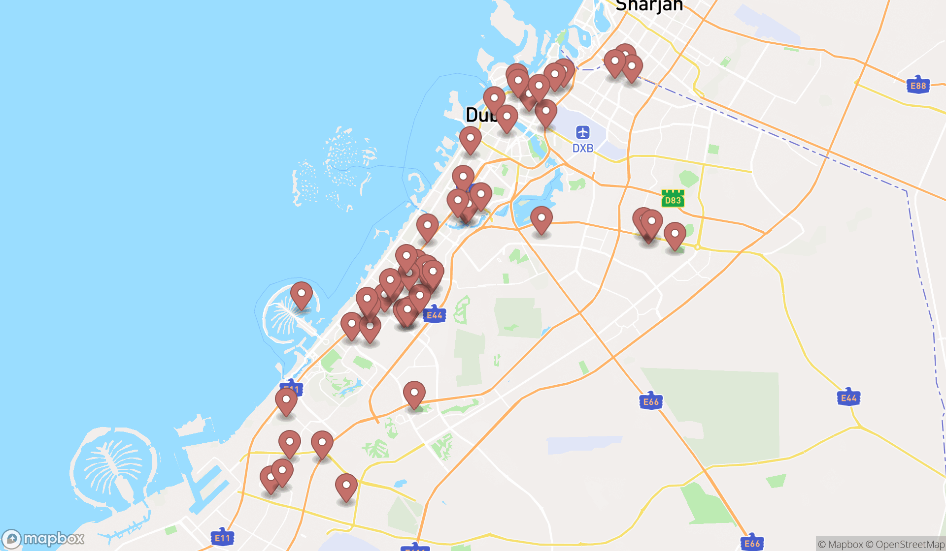 Map showing the search results in Dubai