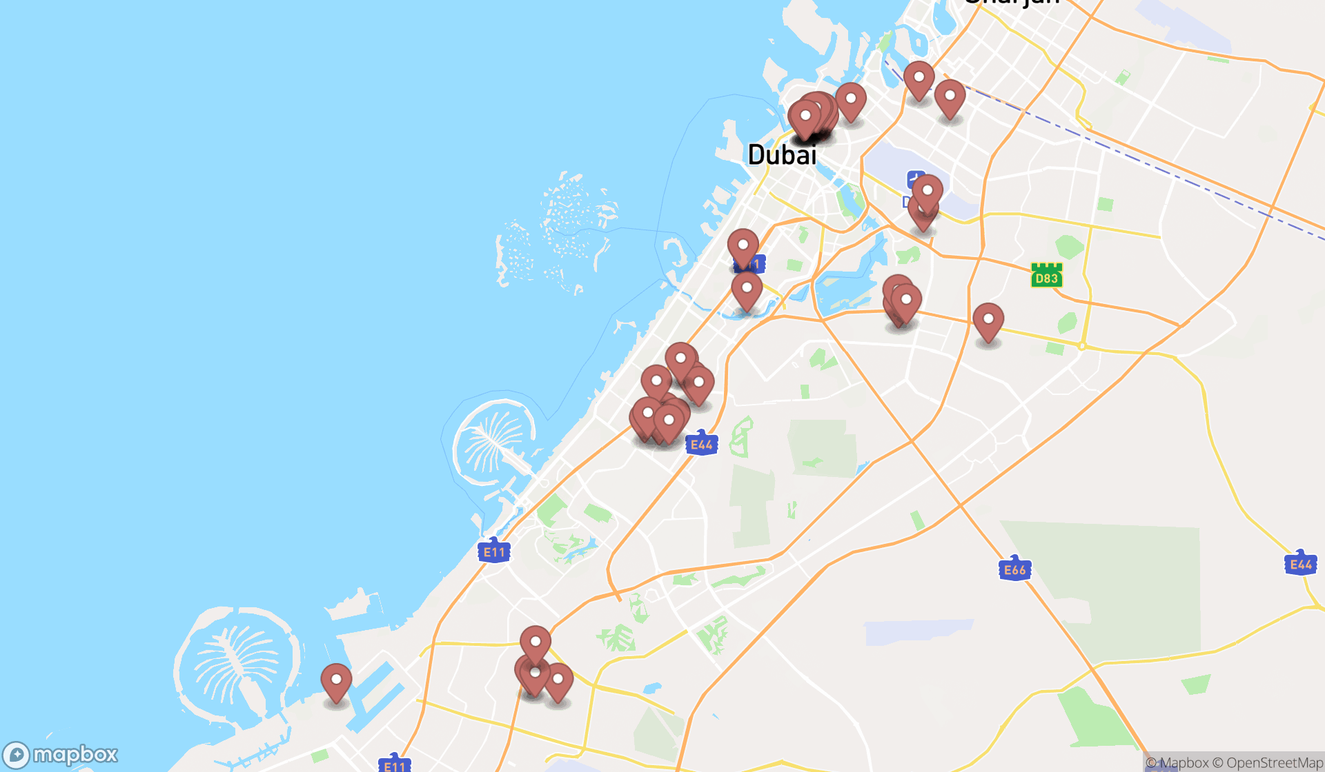 Map showing the search results in Dubai