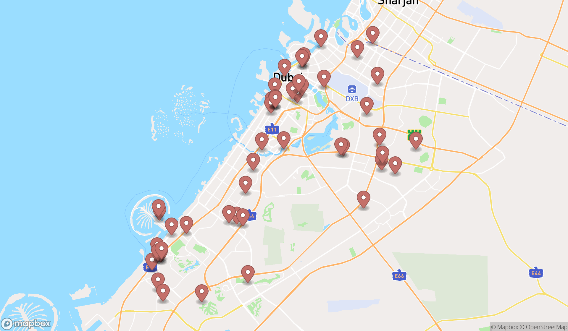 Map showing the search results in Dubai