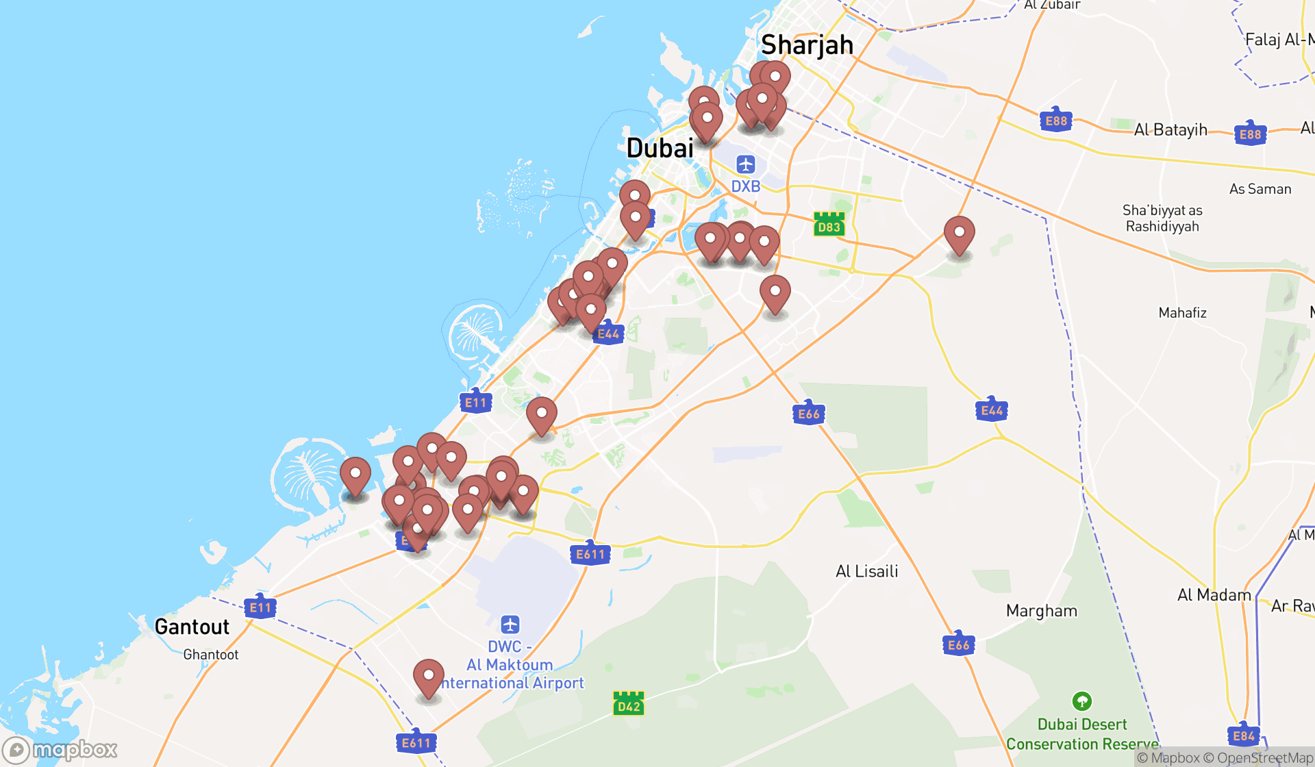 Map showing the search results in Dubai