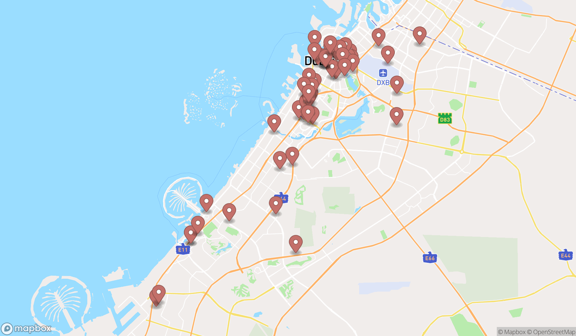 Map showing the search results in Dubai