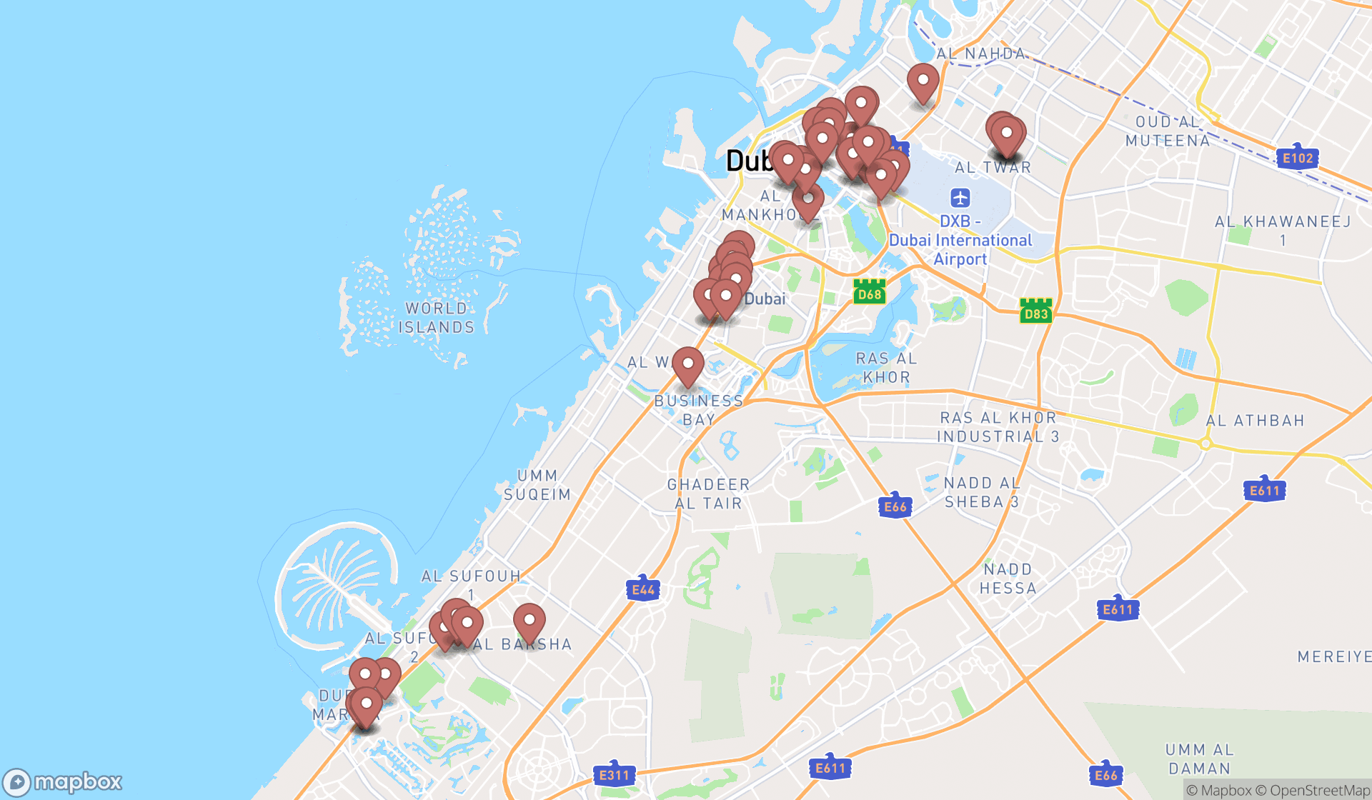 Map showing the search results in Dubai
