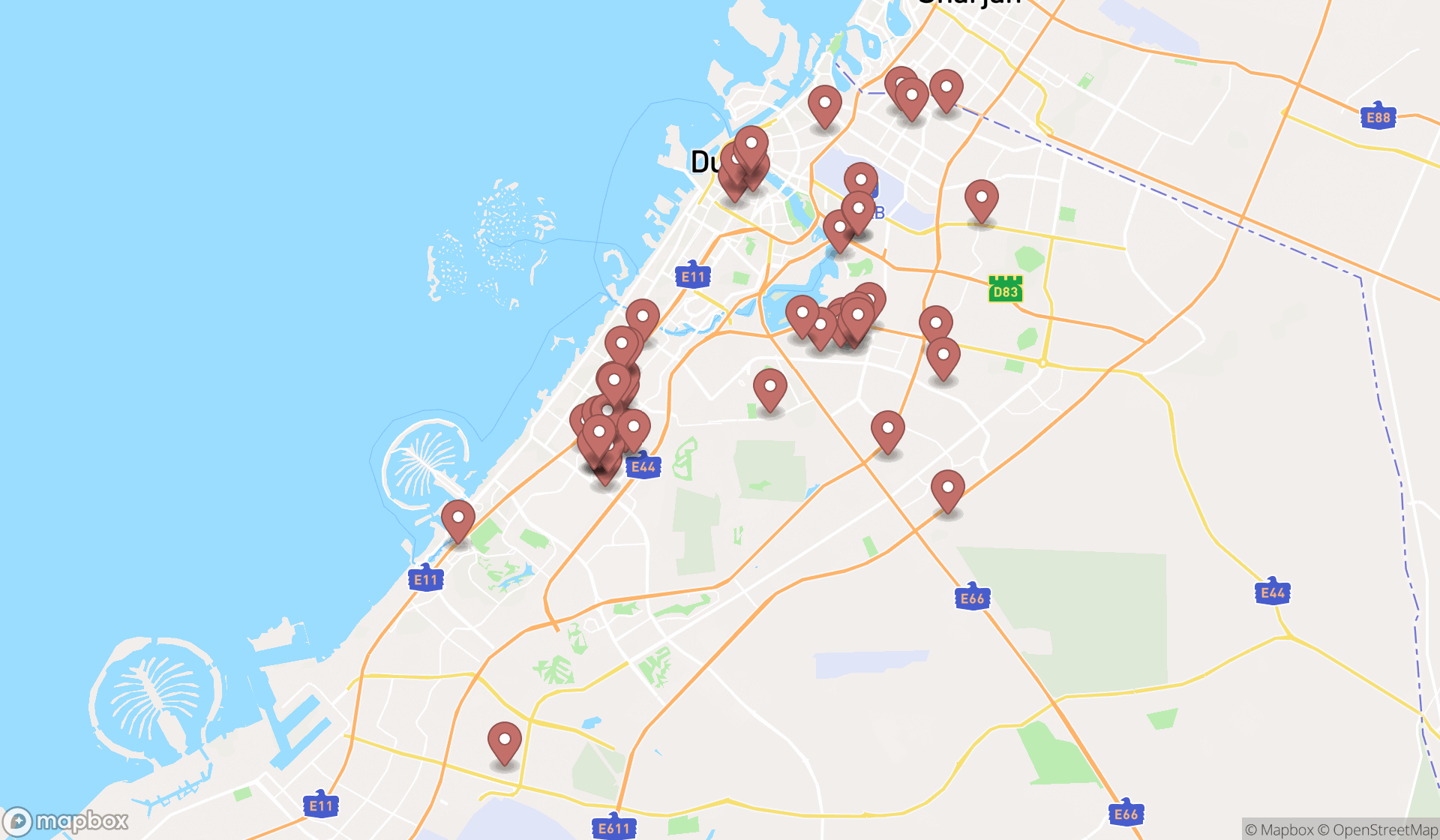 Map showing the search results in Dubai