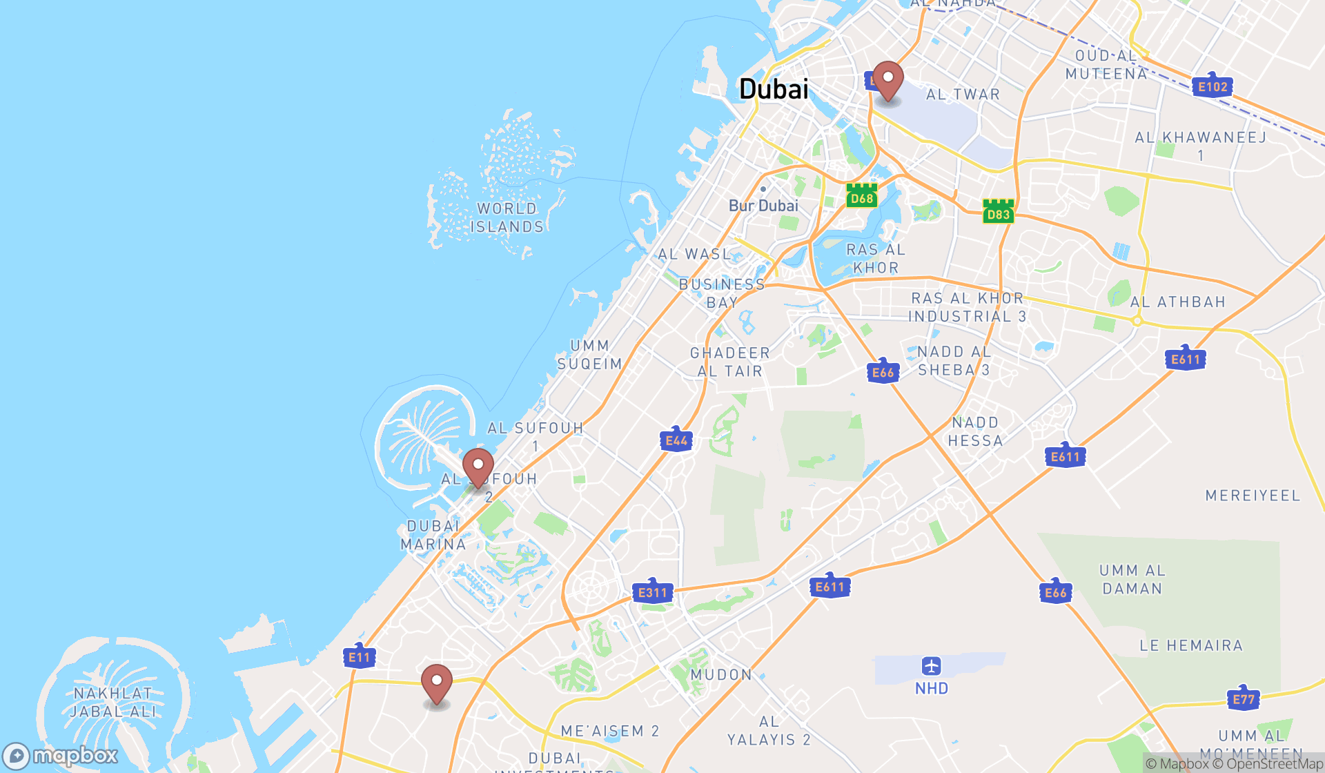 Map showing the search results in Dubai