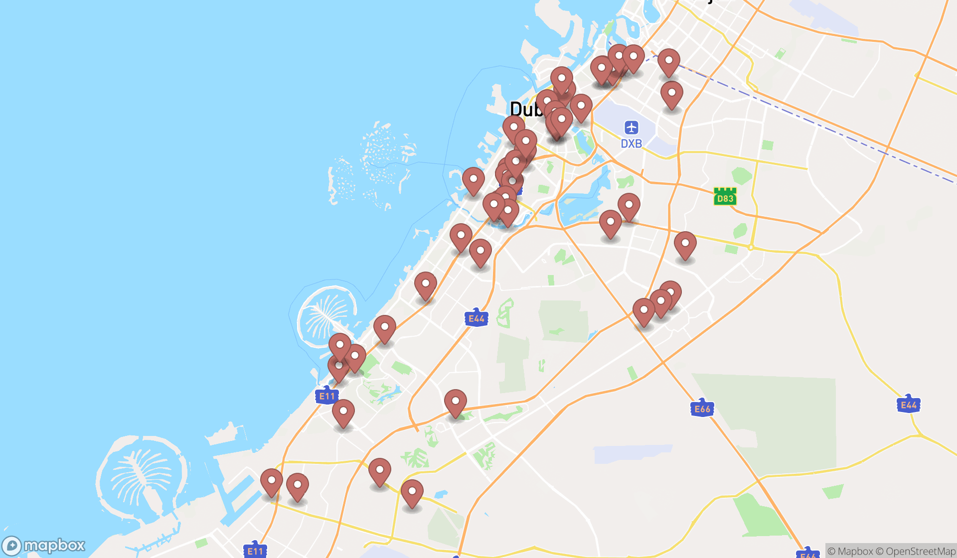 Map showing the search results in Dubai