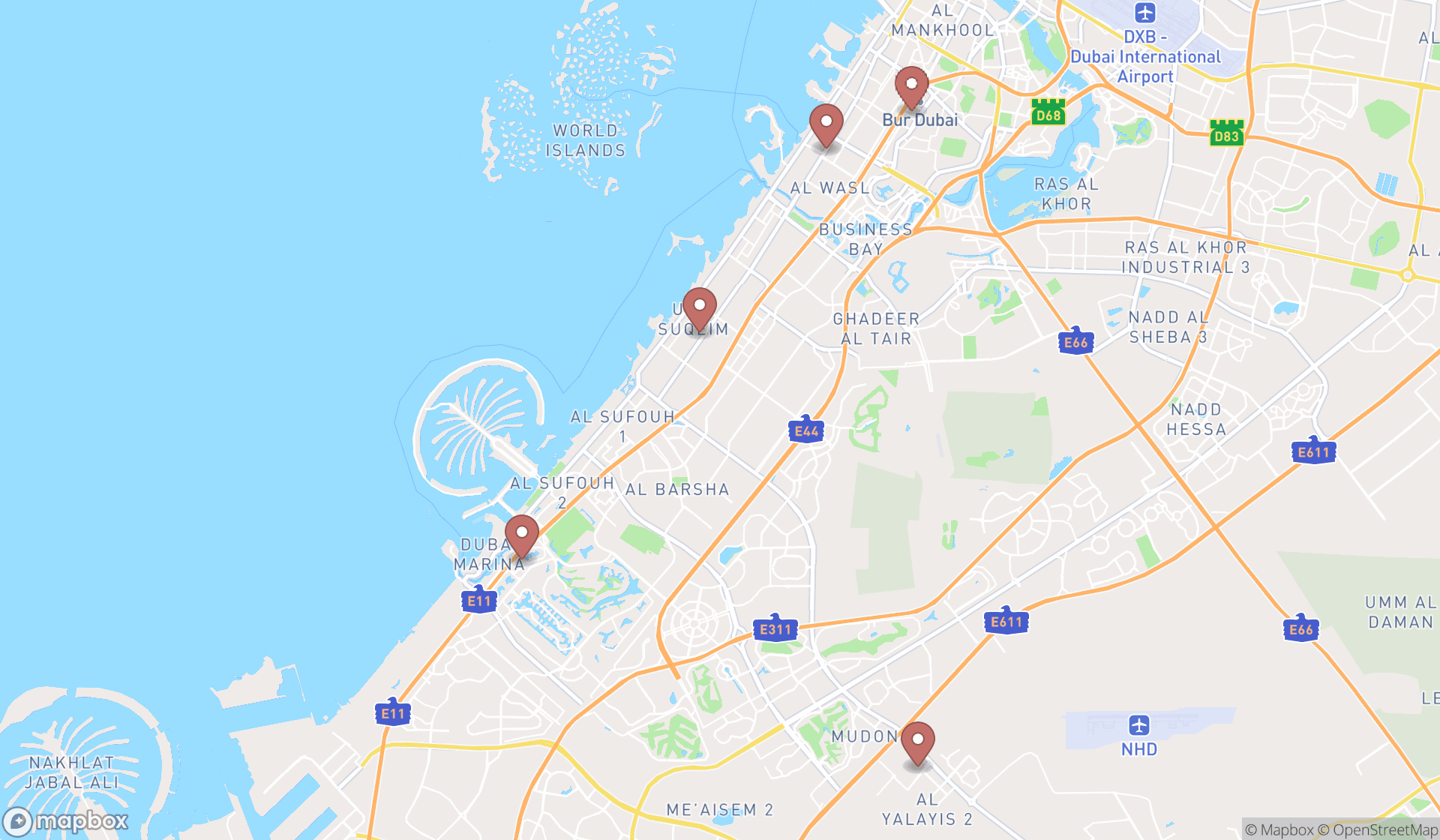 Map showing the search results in Dubai