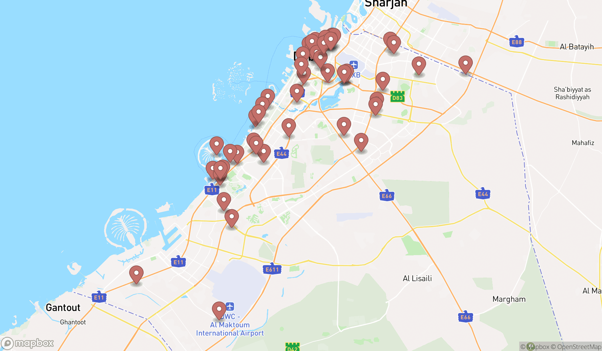 Map showing the search results in Dubai