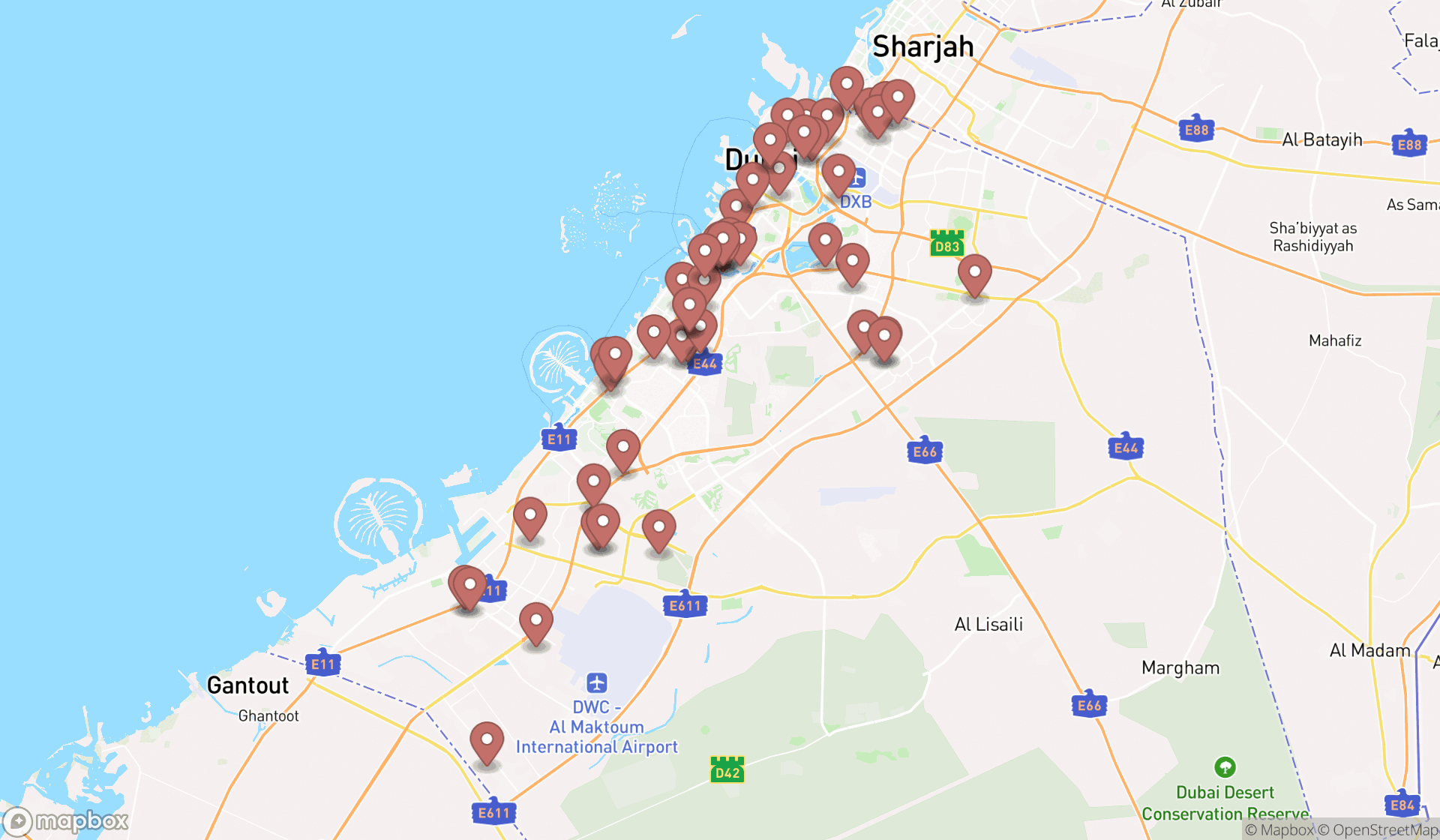 Map showing the search results in Dubai