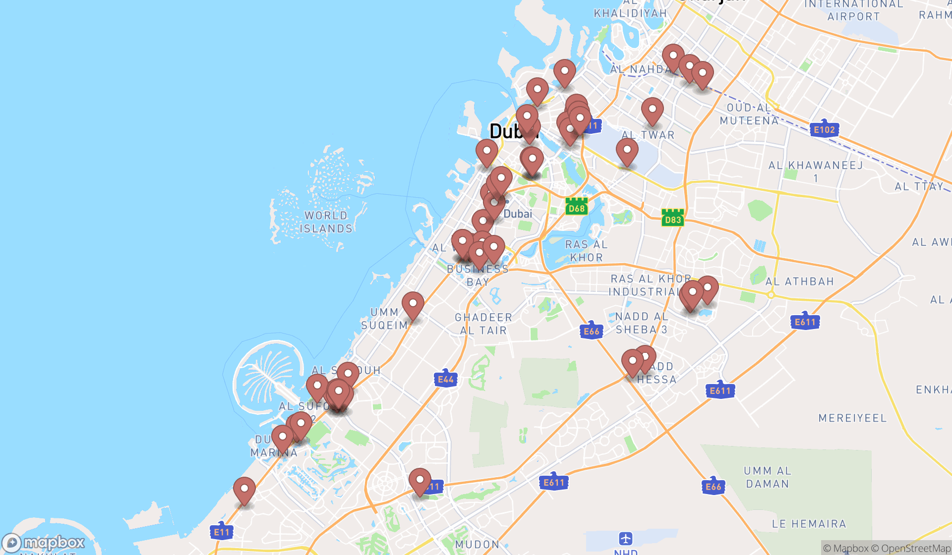 Map showing the search results in Dubai
