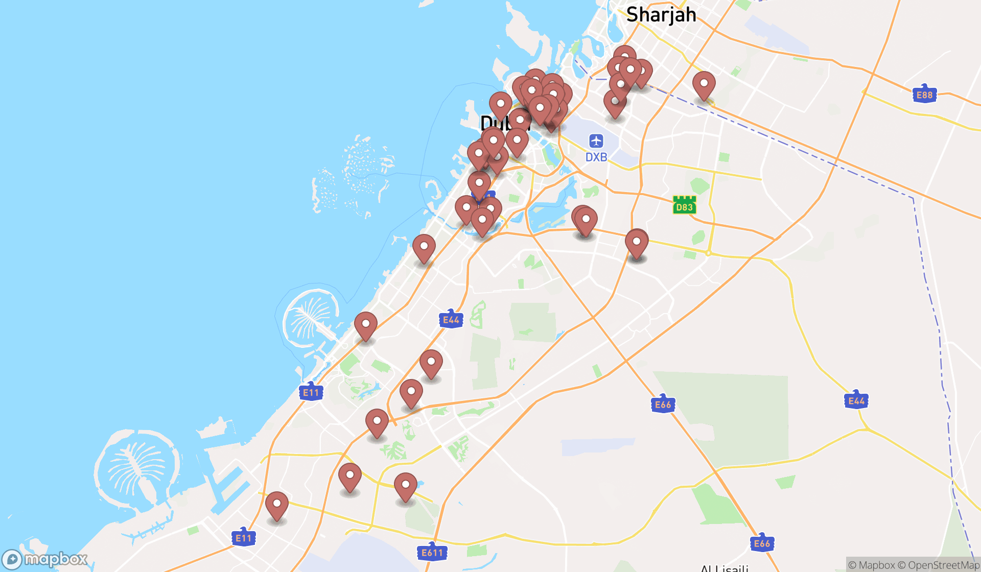Map showing the search results in Dubai