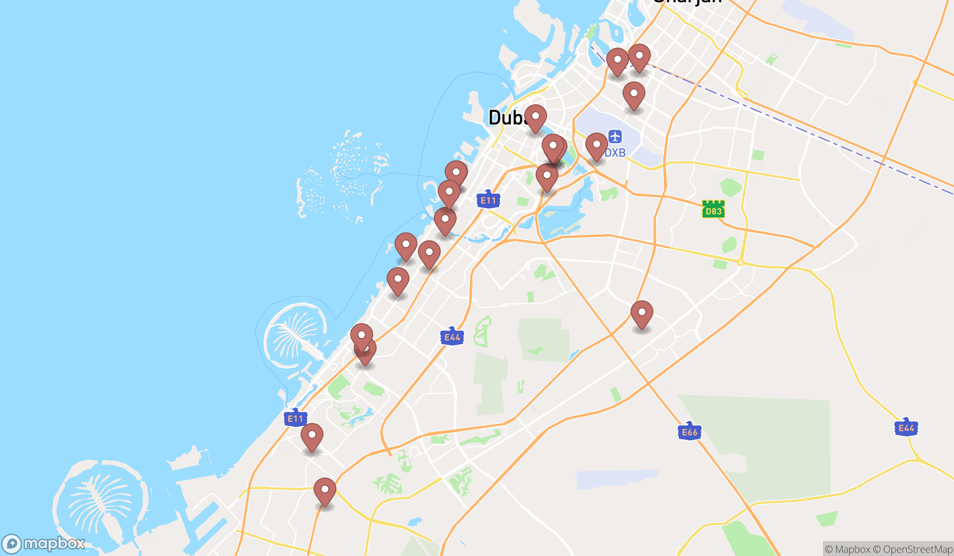 Map showing the search results in Dubai
