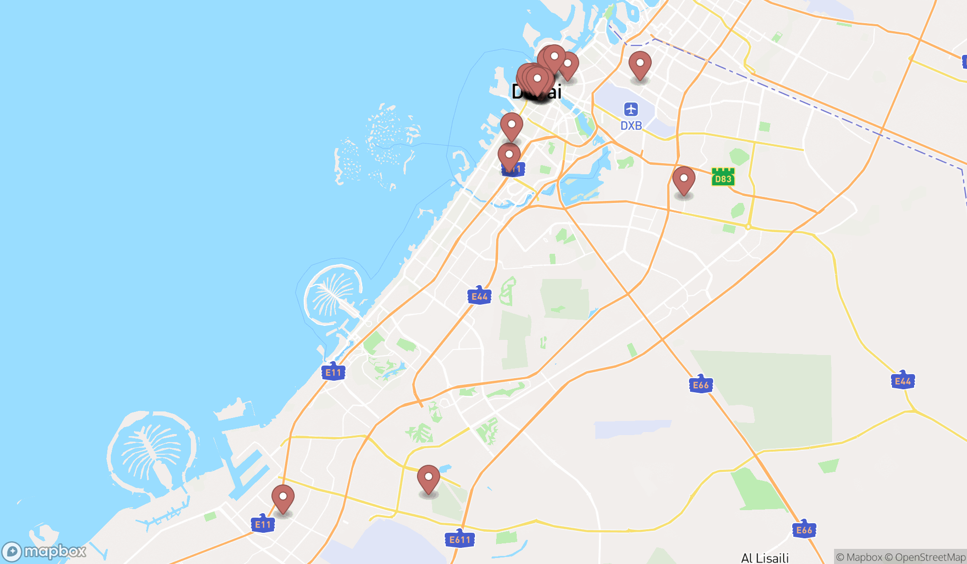 Map showing the search results in Dubai