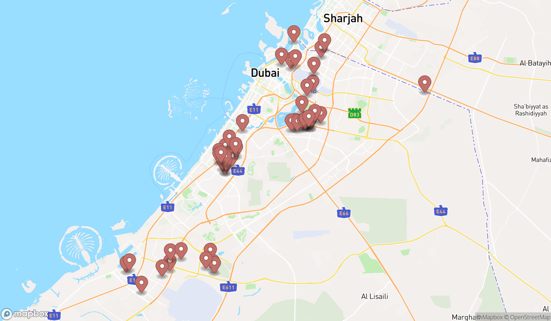 Map showing the search results in Dubai