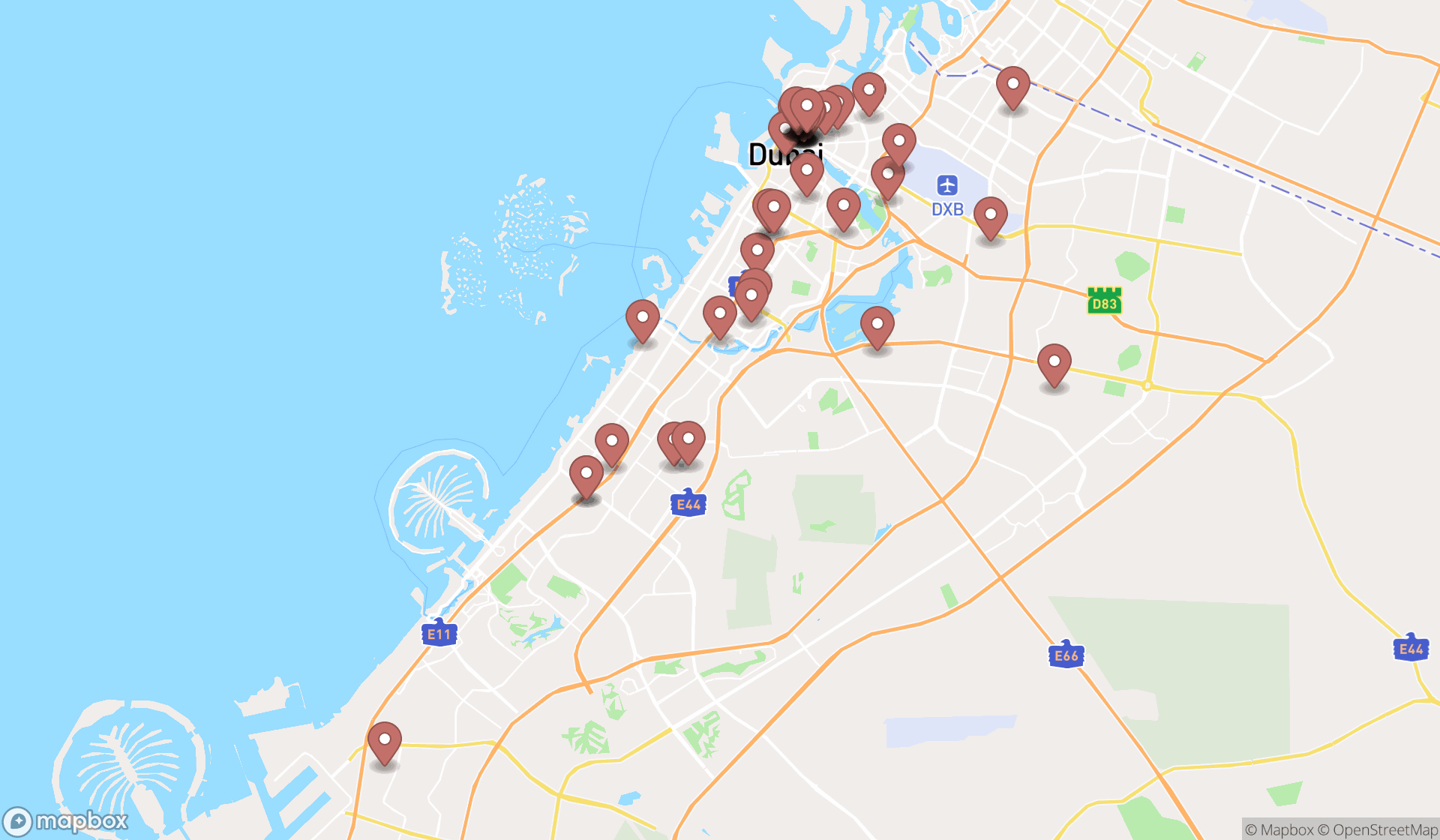 Map showing the search results in Dubai