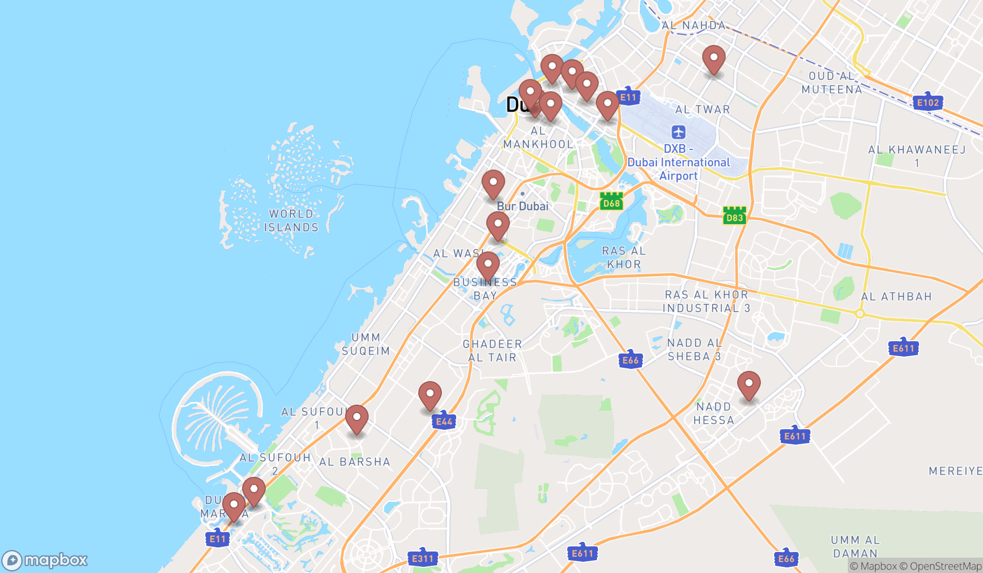 Map showing the search results in Dubai