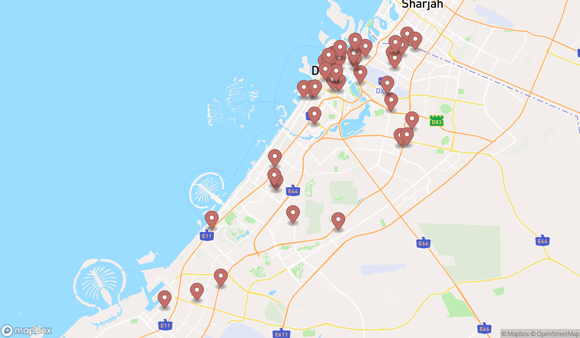 Map showing the search results in Dubai