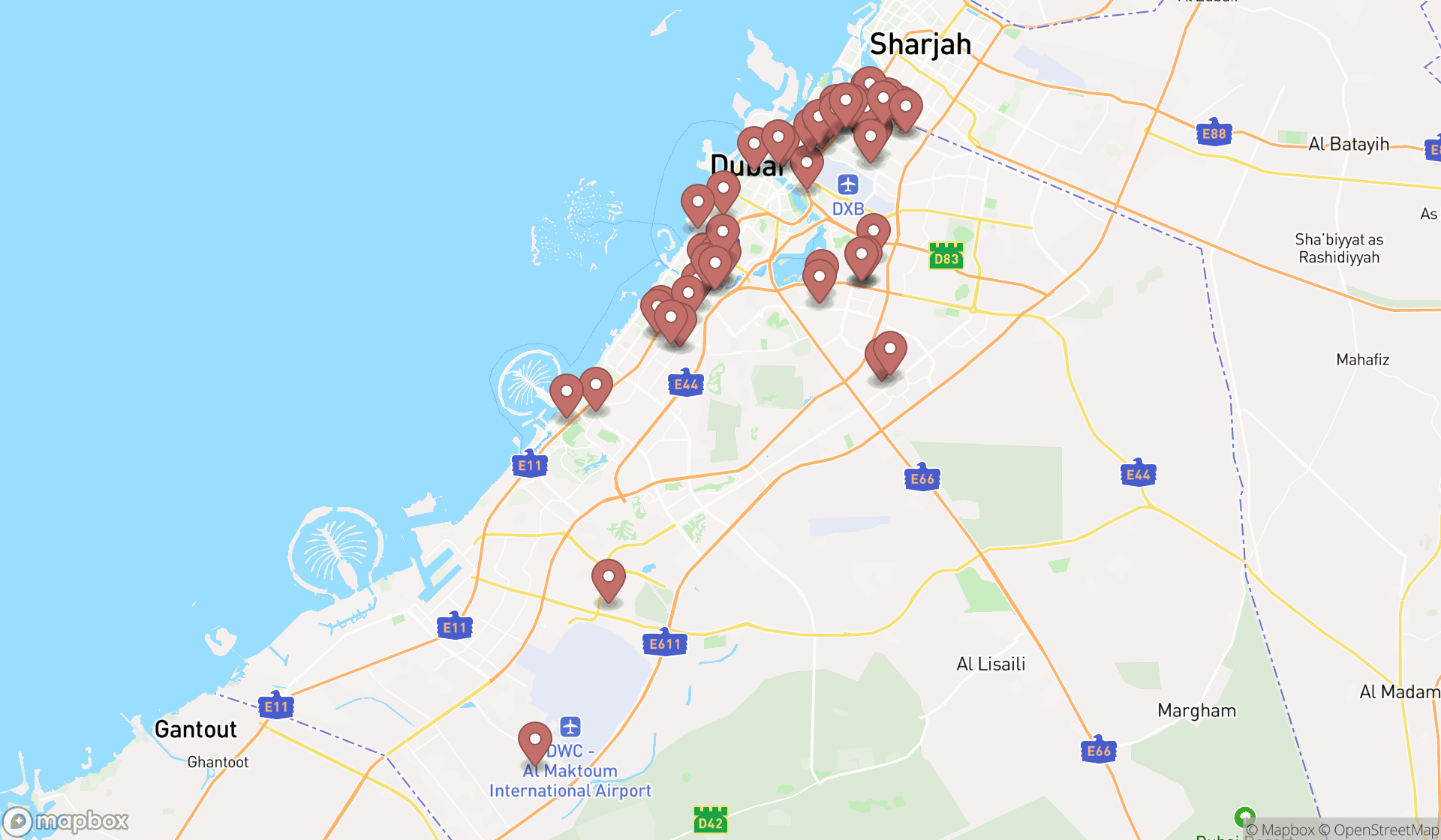 Map showing the search results in Dubai