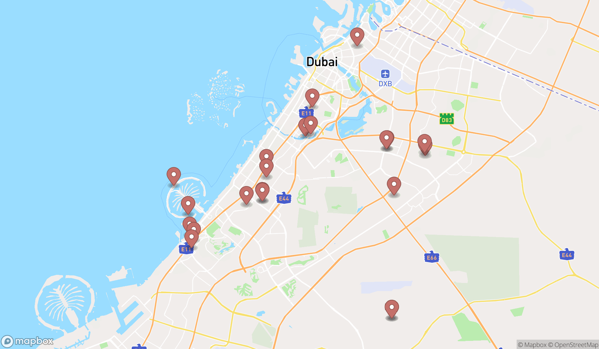 Map showing the search results in Dubai
