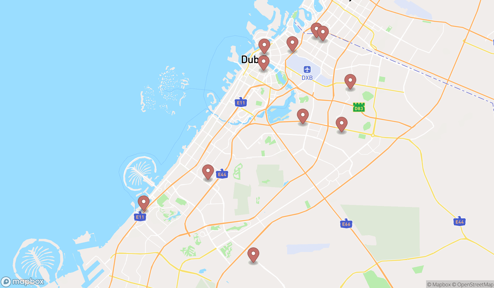 Map showing the search results in Dubai