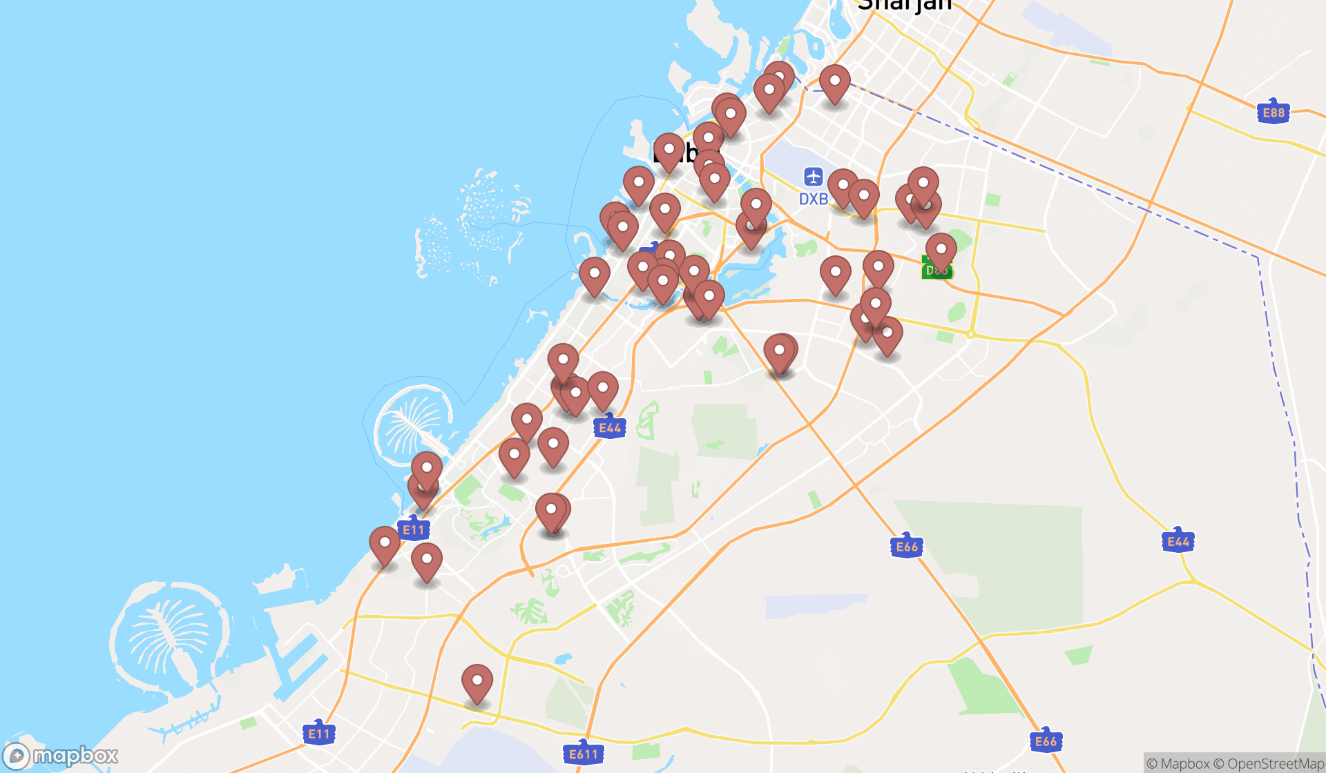 Map showing the search results in Dubai