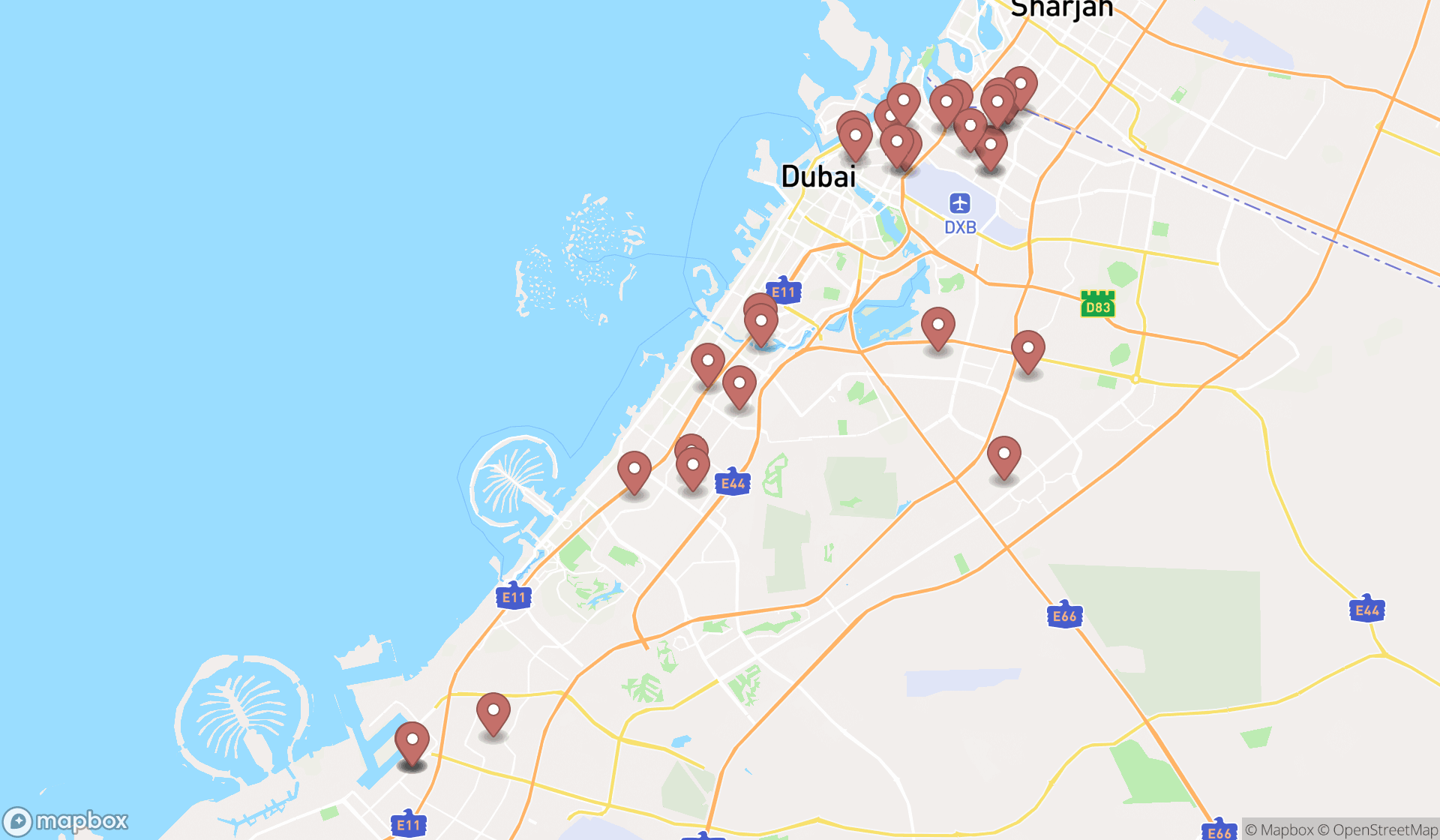 Map showing the search results in Dubai