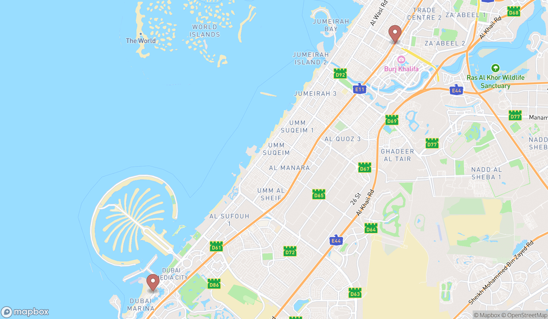 Map showing the search results in Dubai