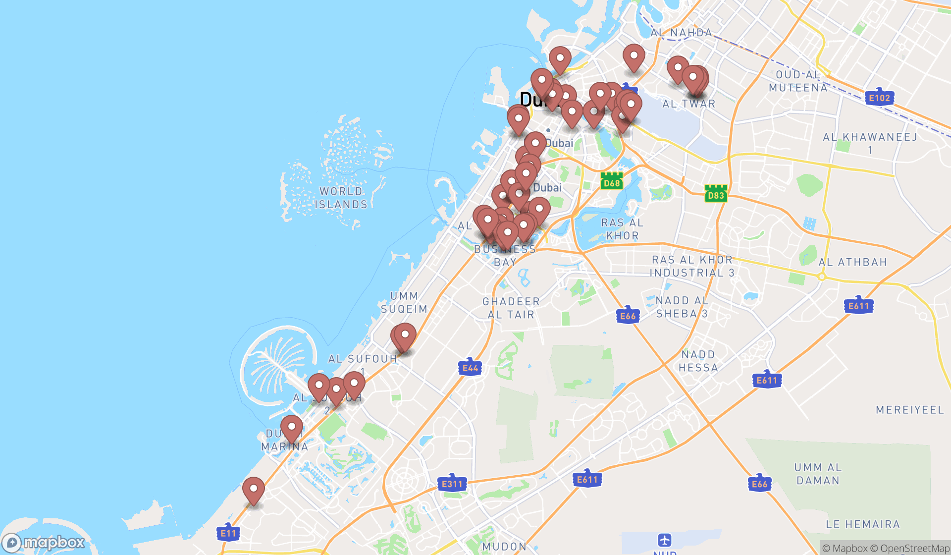 Map showing the search results in Dubai