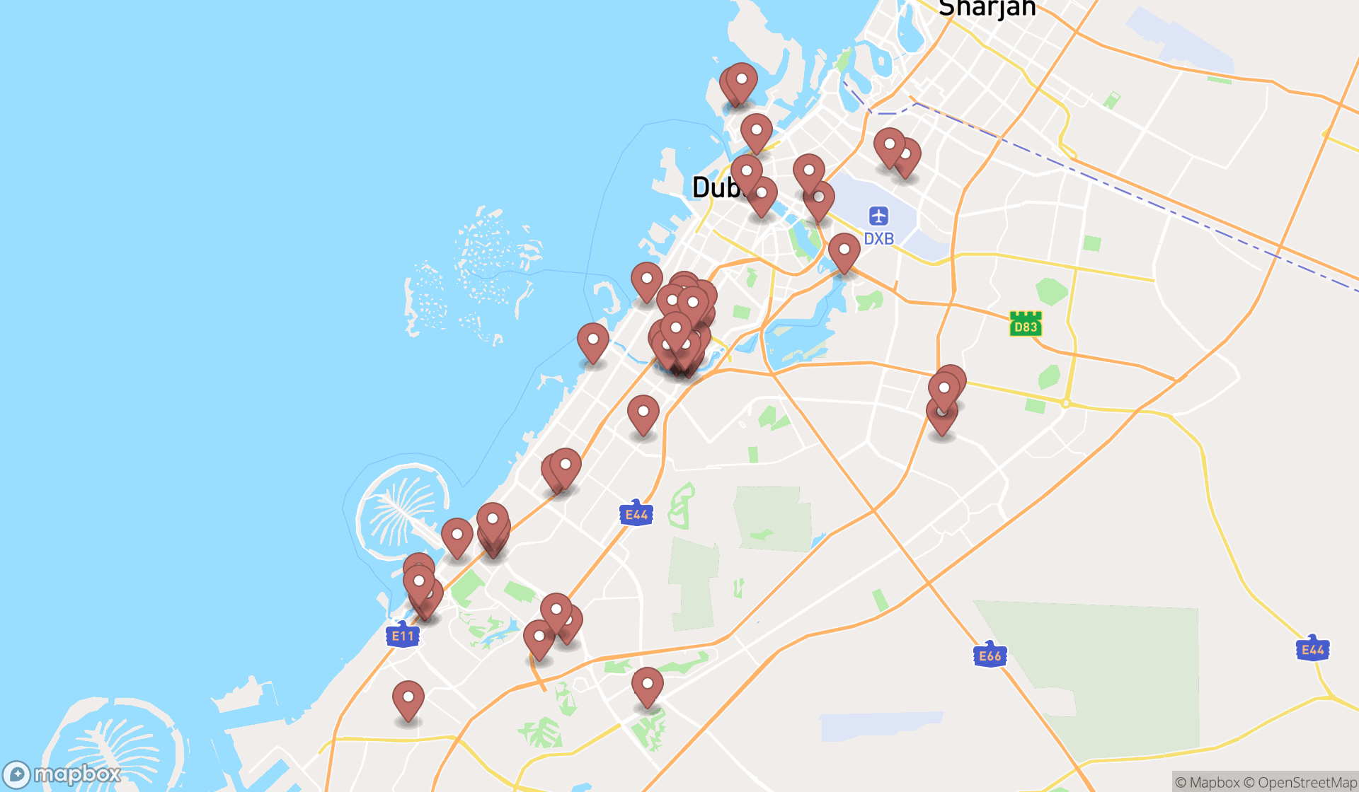 Map showing the search results in Dubai