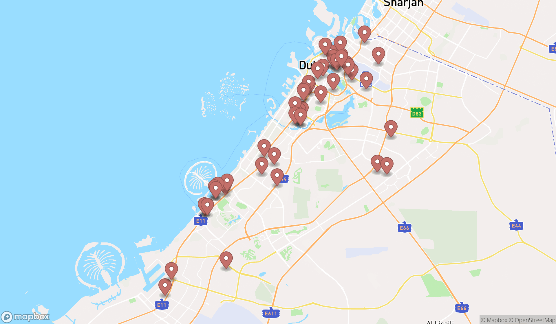 Map showing the search results in Dubai