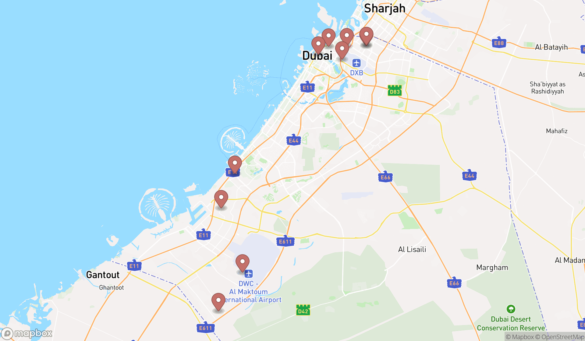 Map showing the search results in Dubai