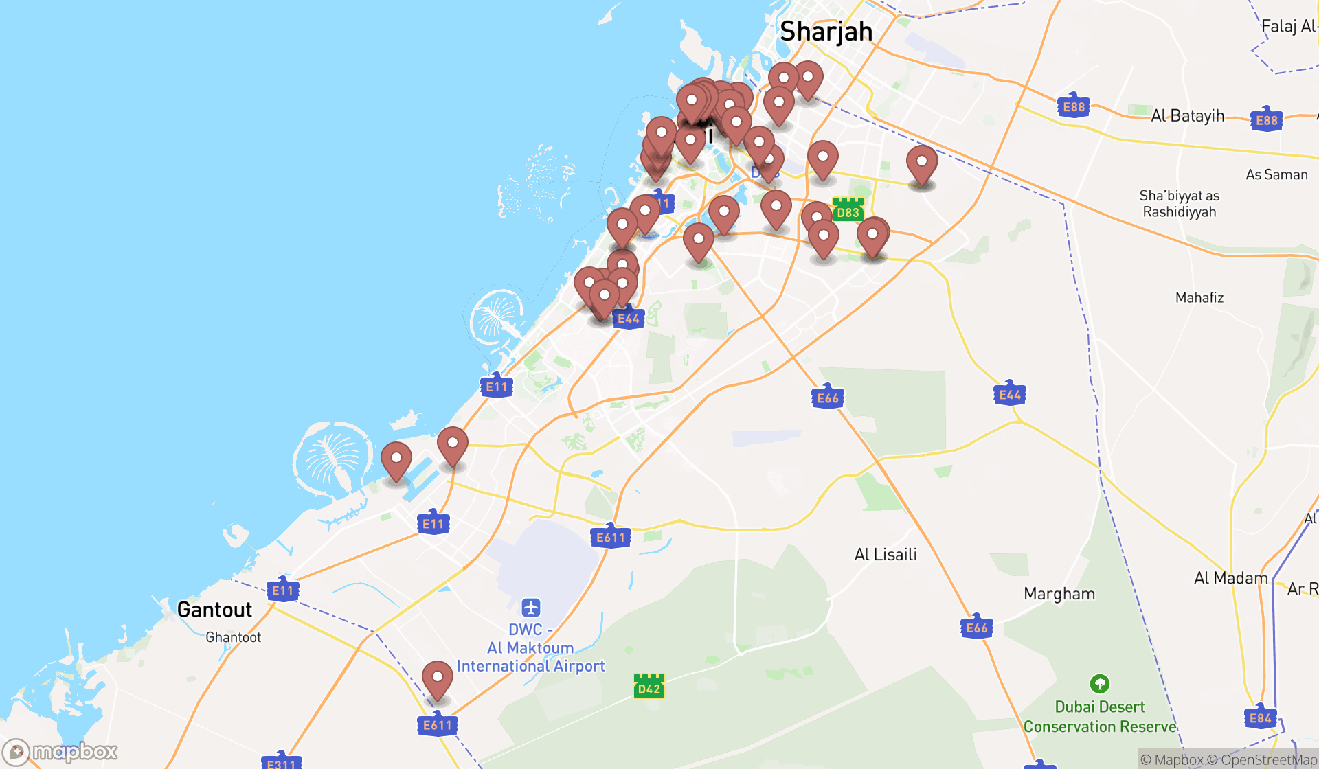 Map showing the search results in Dubai