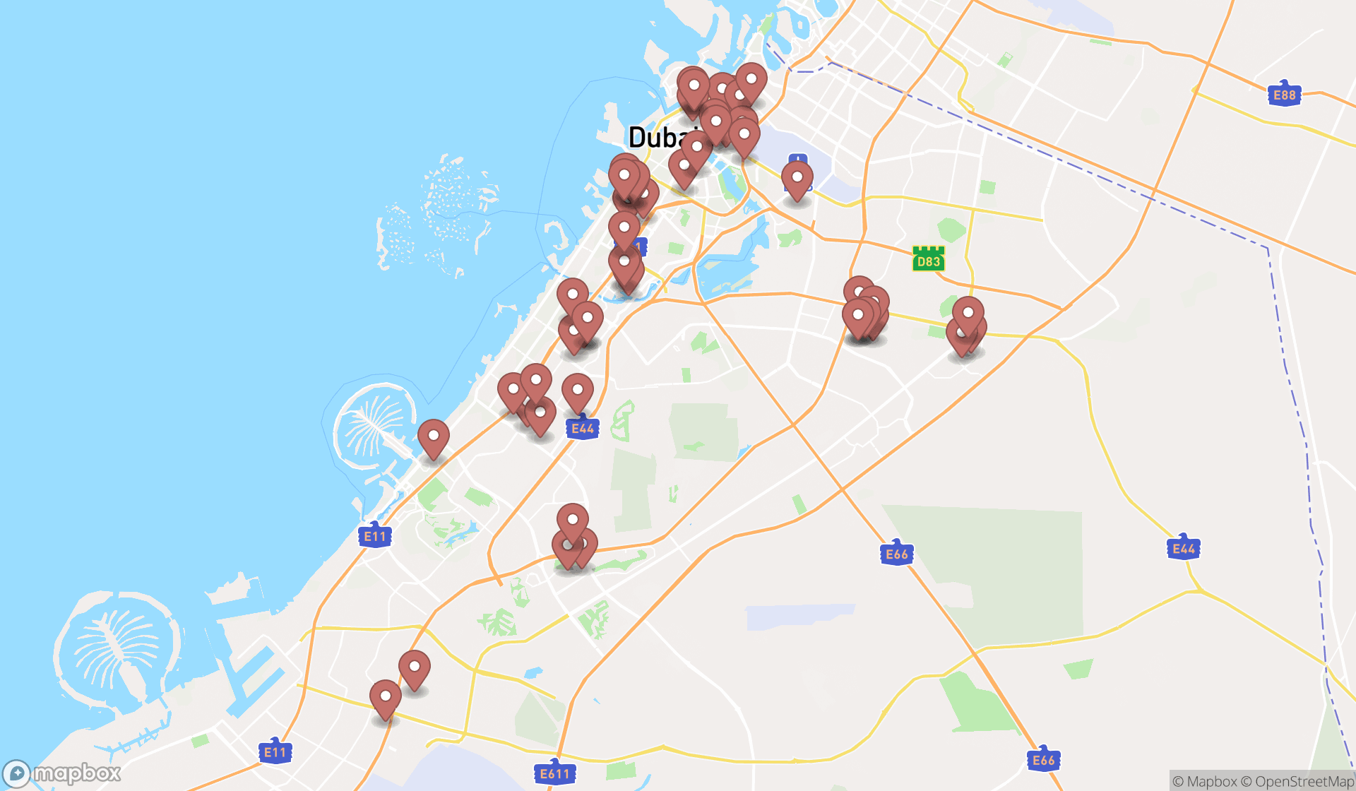 Map showing the search results in Dubai