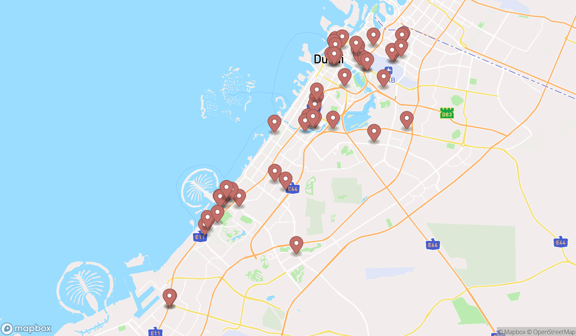Map showing the search results in Dubai