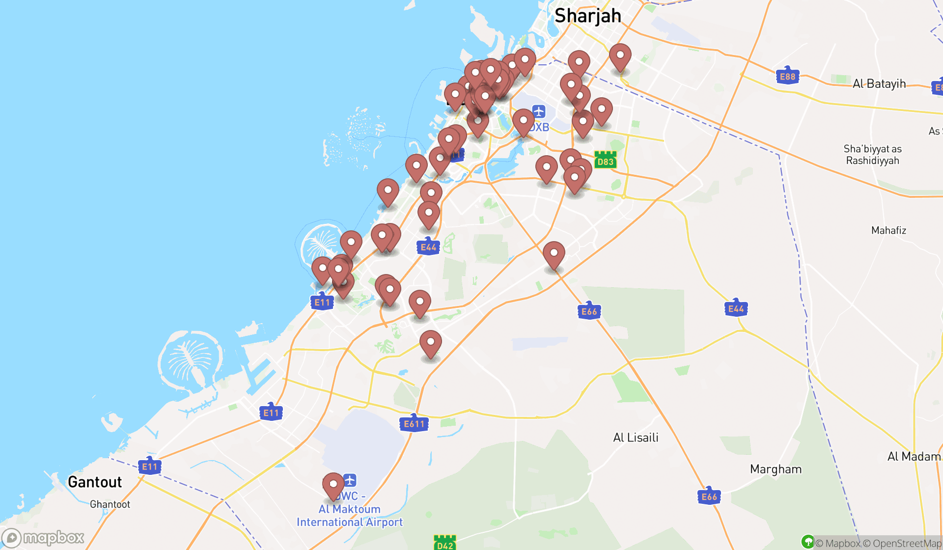 Map showing the search results in Dubai