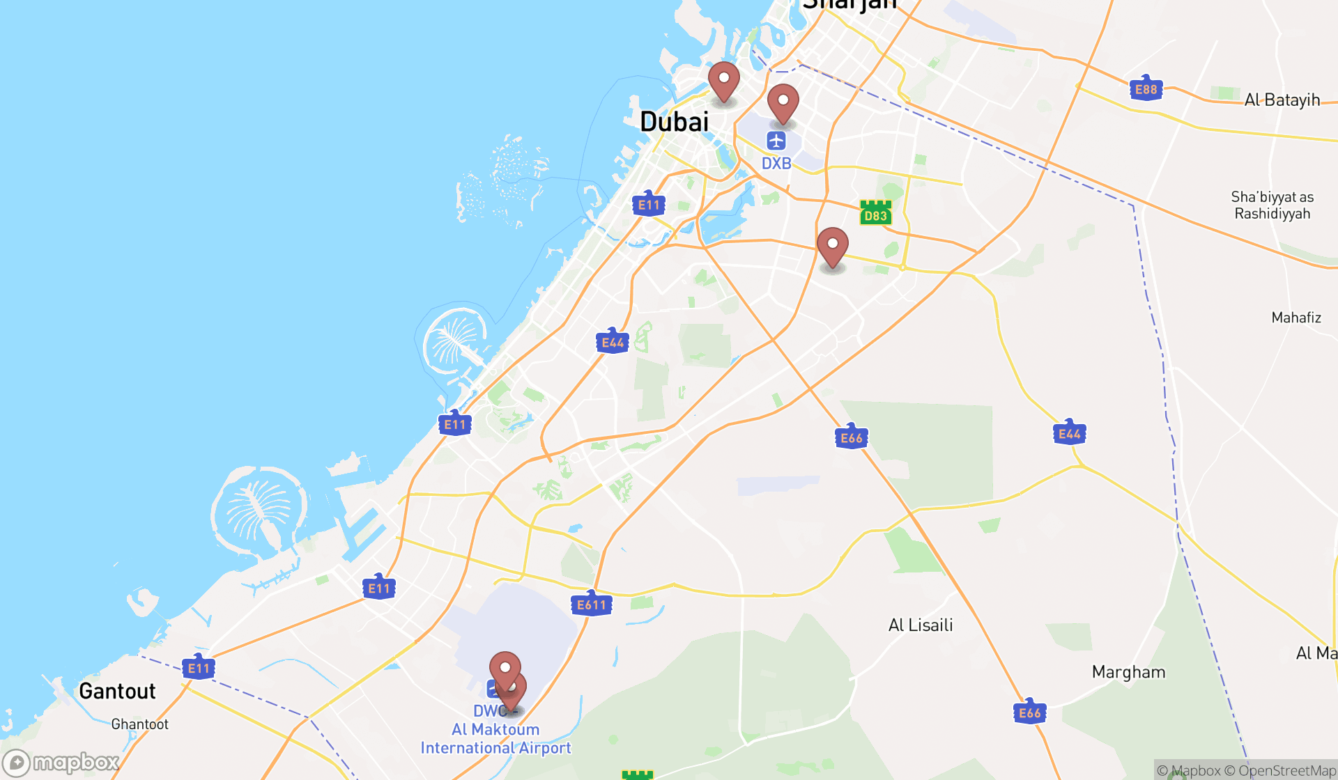 Map showing the search results in Dubai