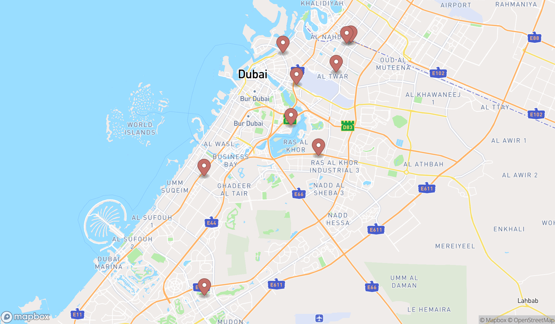 Map showing the search results in Dubai