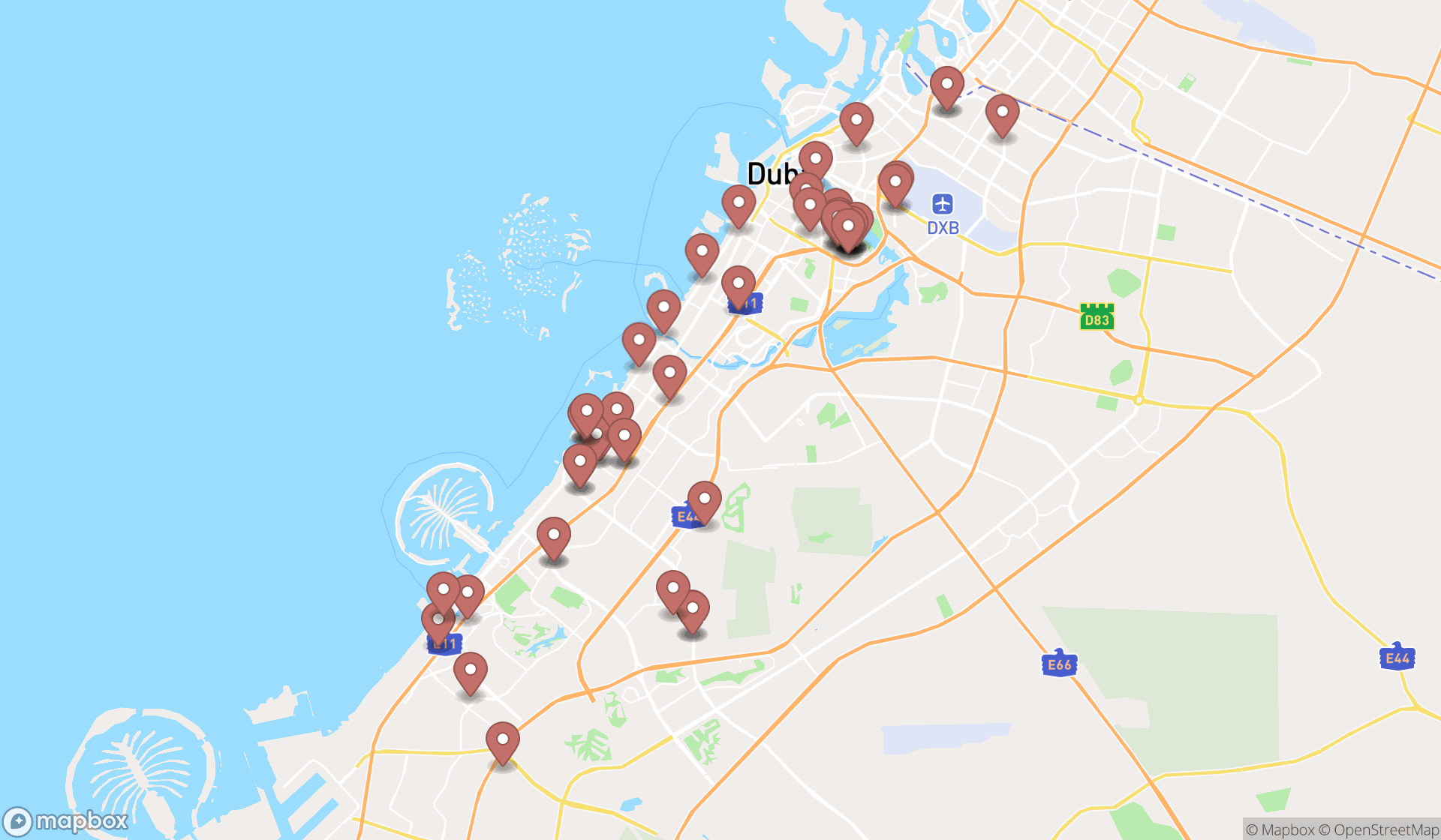 Map showing the search results in Dubai