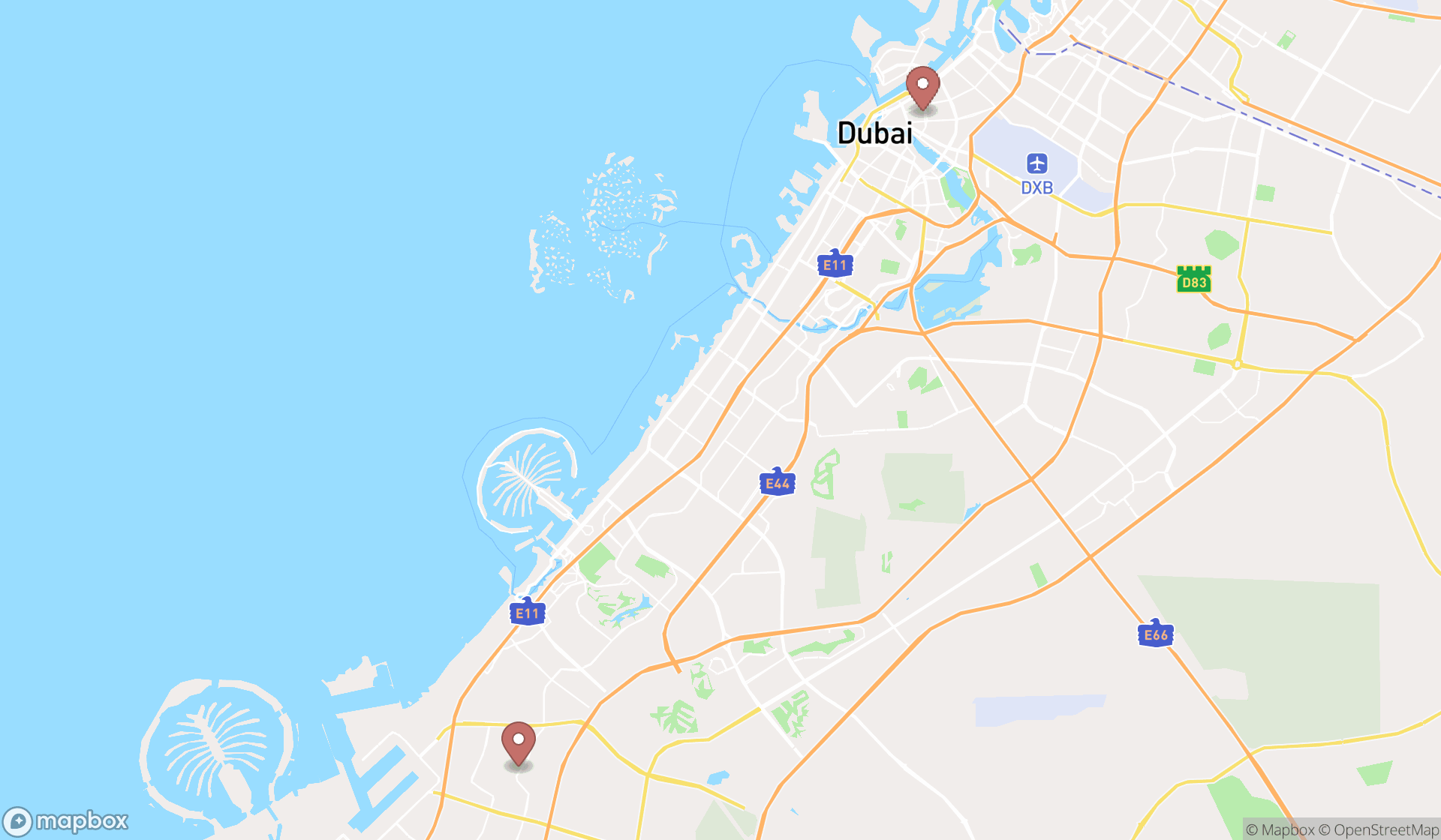 Map showing the search results in Dubai