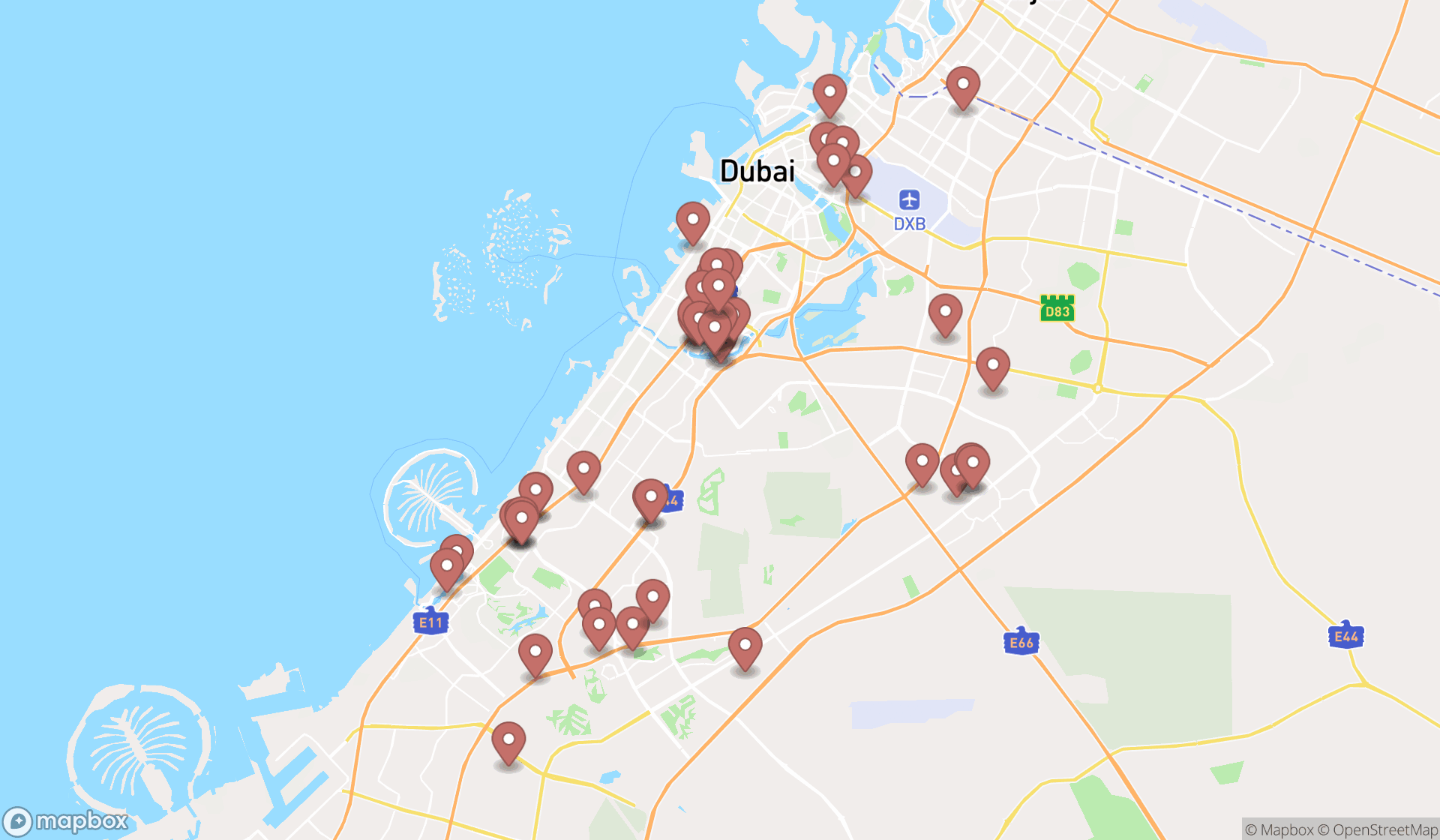 Map showing the search results in Dubai