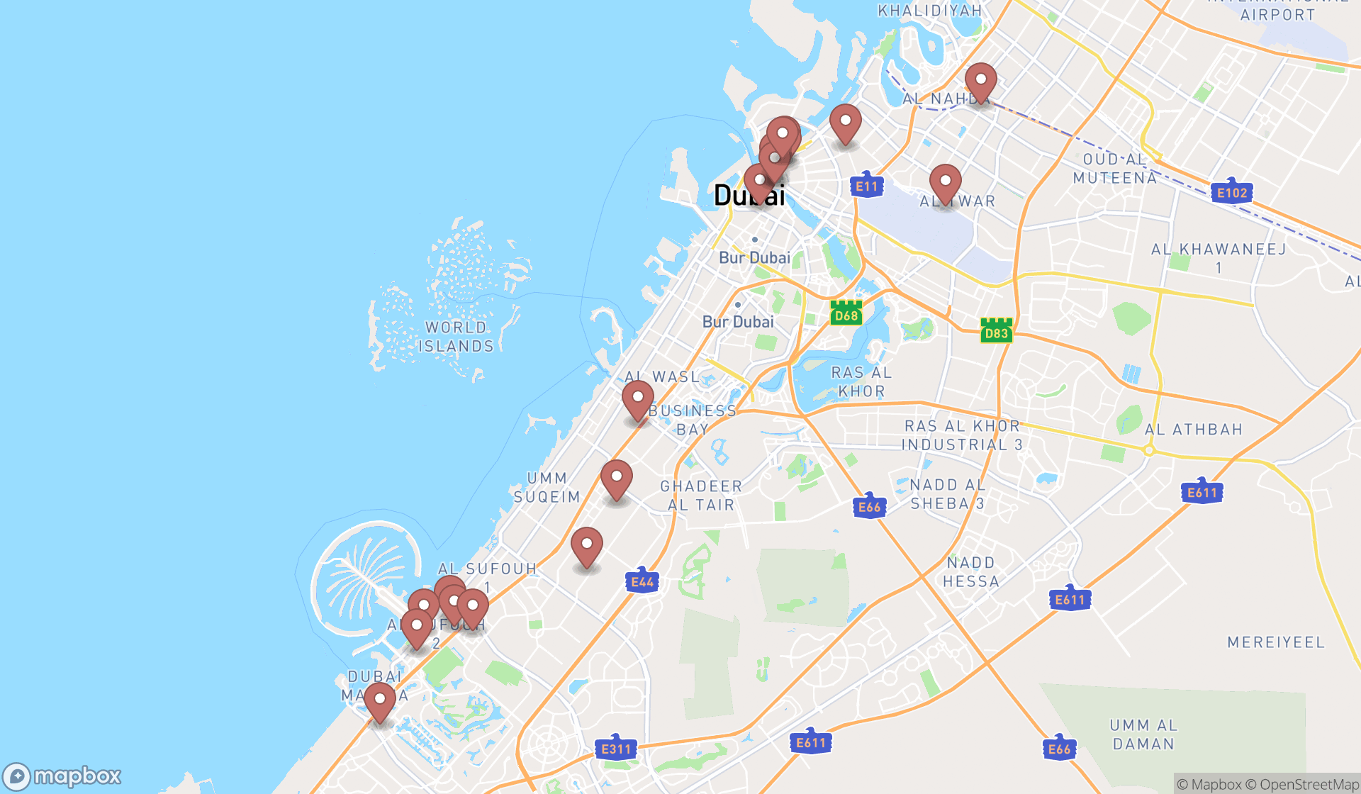 Map showing the search results in Dubai